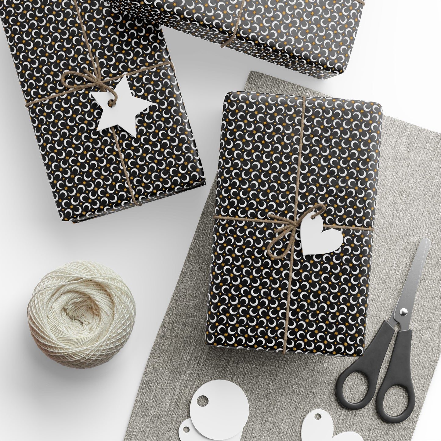 Wrapping Paper:  Celestial [Black White Moon, Gold Stars]