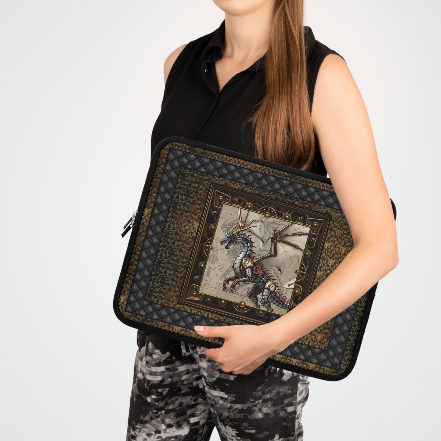 Laptop Sleeve (Sizes:  13", 15", 17"):  Steampunk Dragons [Dragon Clock Wings]