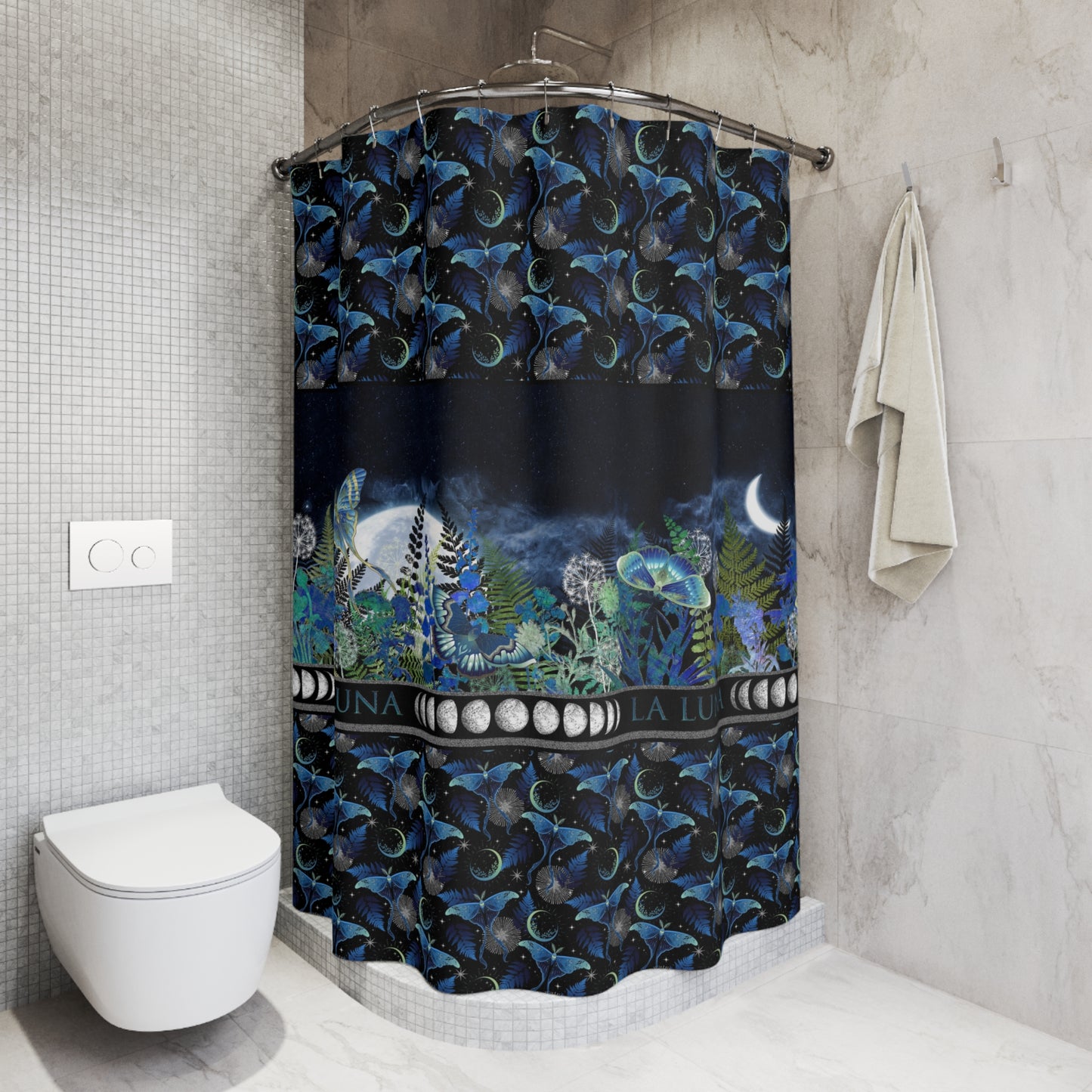 Moon Garden Shower Curtain — Celestial Night Bathroom Decor with Lunar Phases
