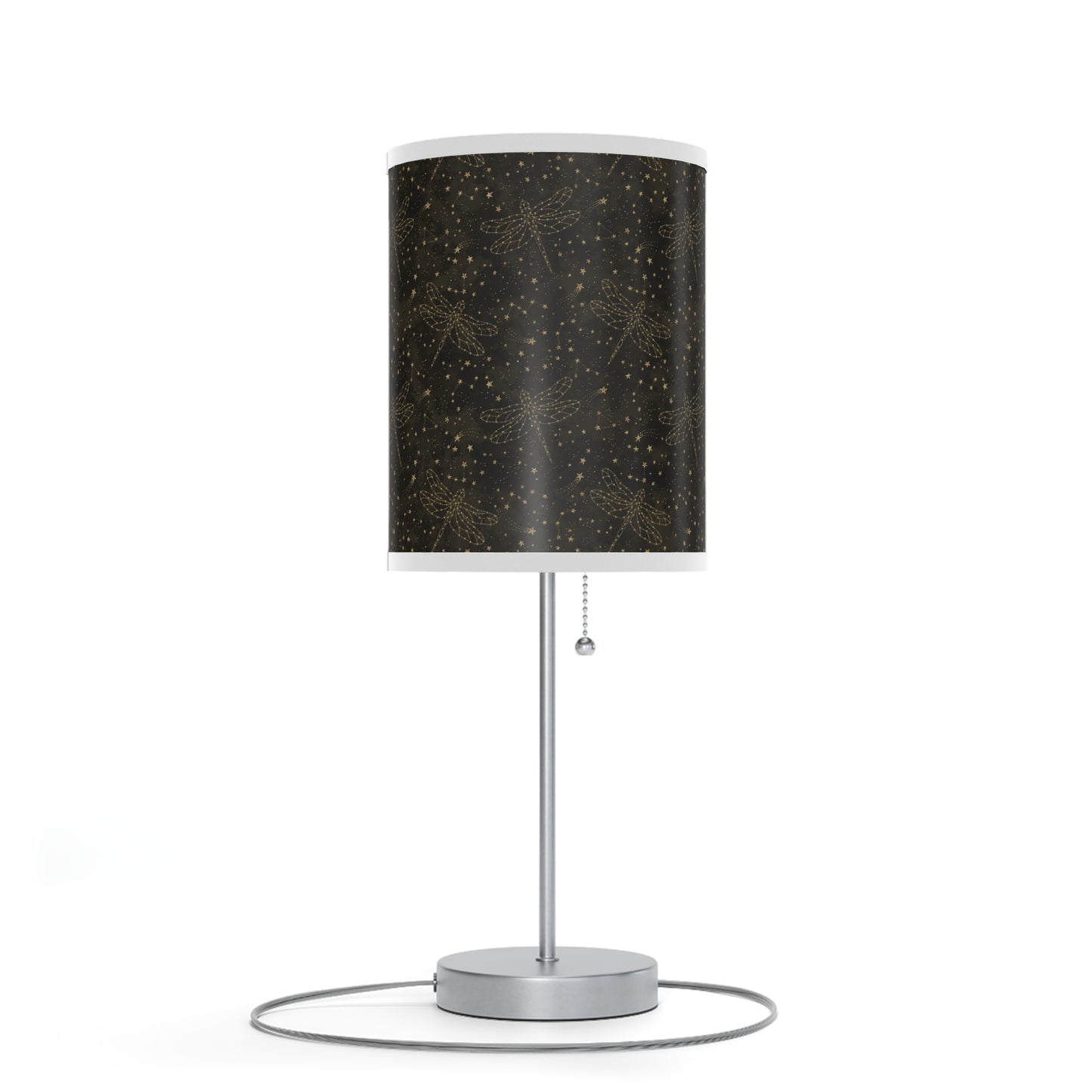 Table Lamp: Silver W/Black Trim; The Sun, The Moon, and The Stars [Gold Sparkle Dragonflies]