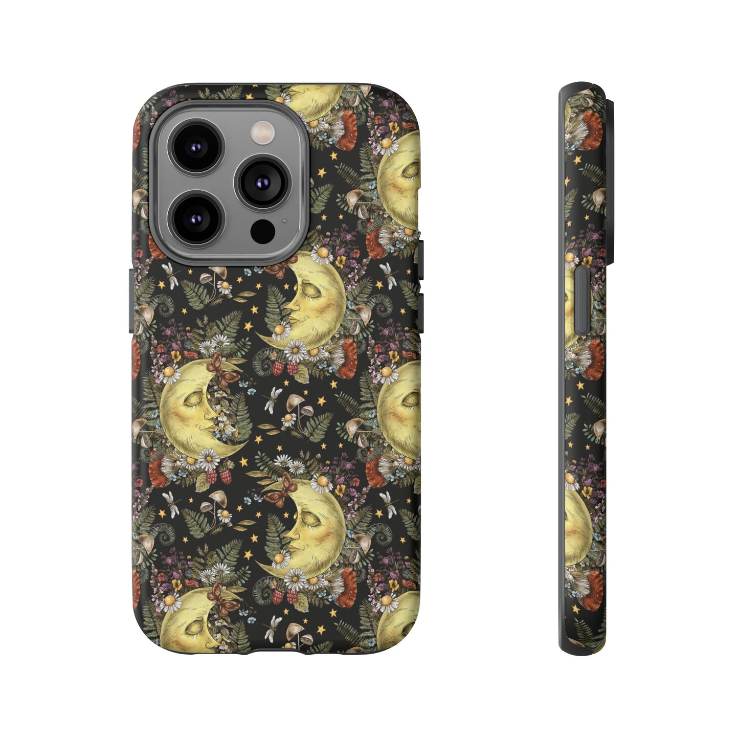 Apple I-Phone 14 Tough Case-Phone Case: The Sun, The Moon, And The Stars [Moon With Flowers]