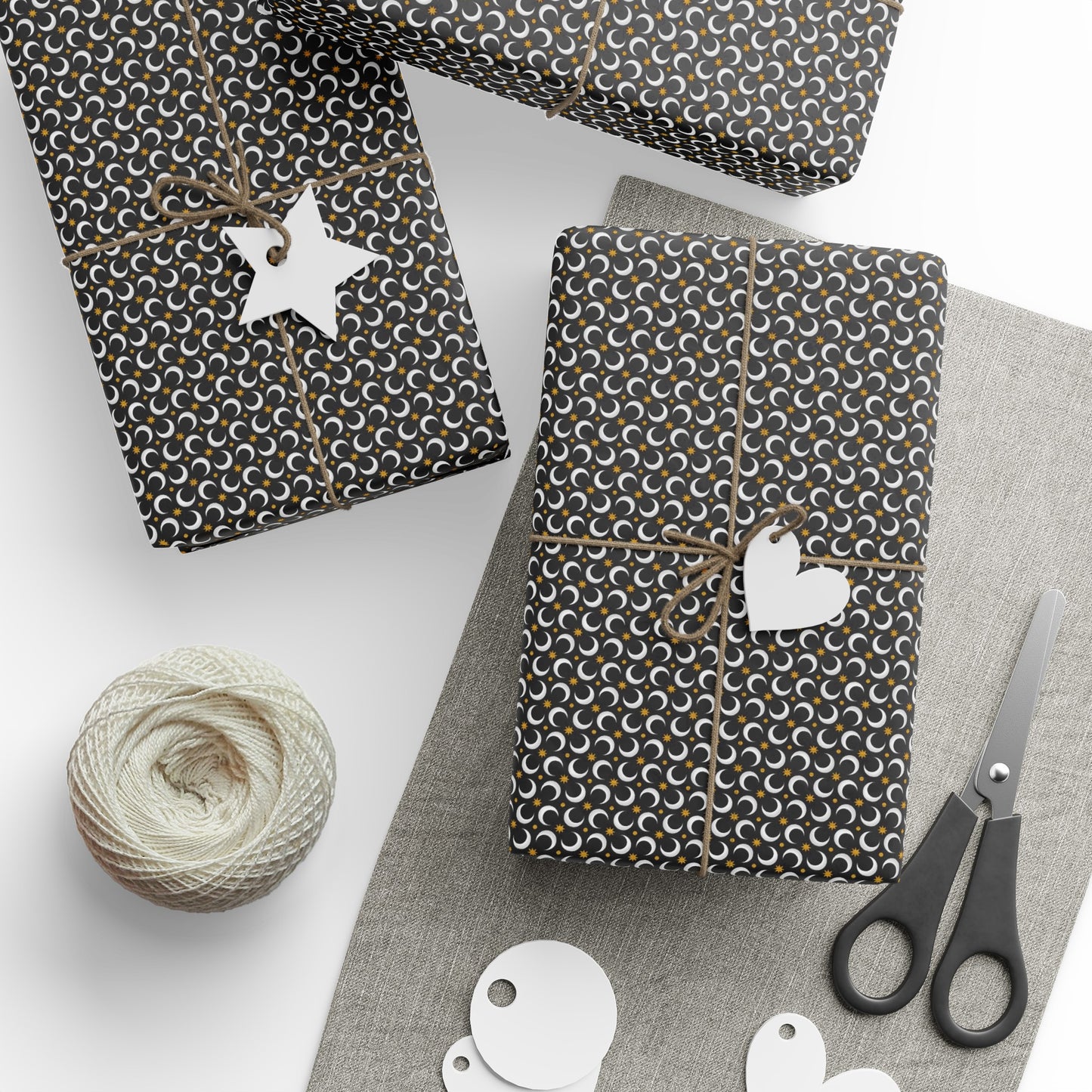 Wrapping Paper:  Celestial [Black White Moon, Gold Stars]