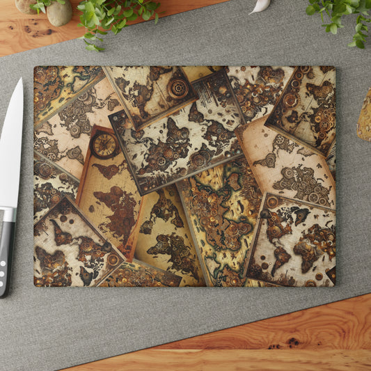 Glass Cutting Board (11"x15"):  Steampunk Animals [Maps]