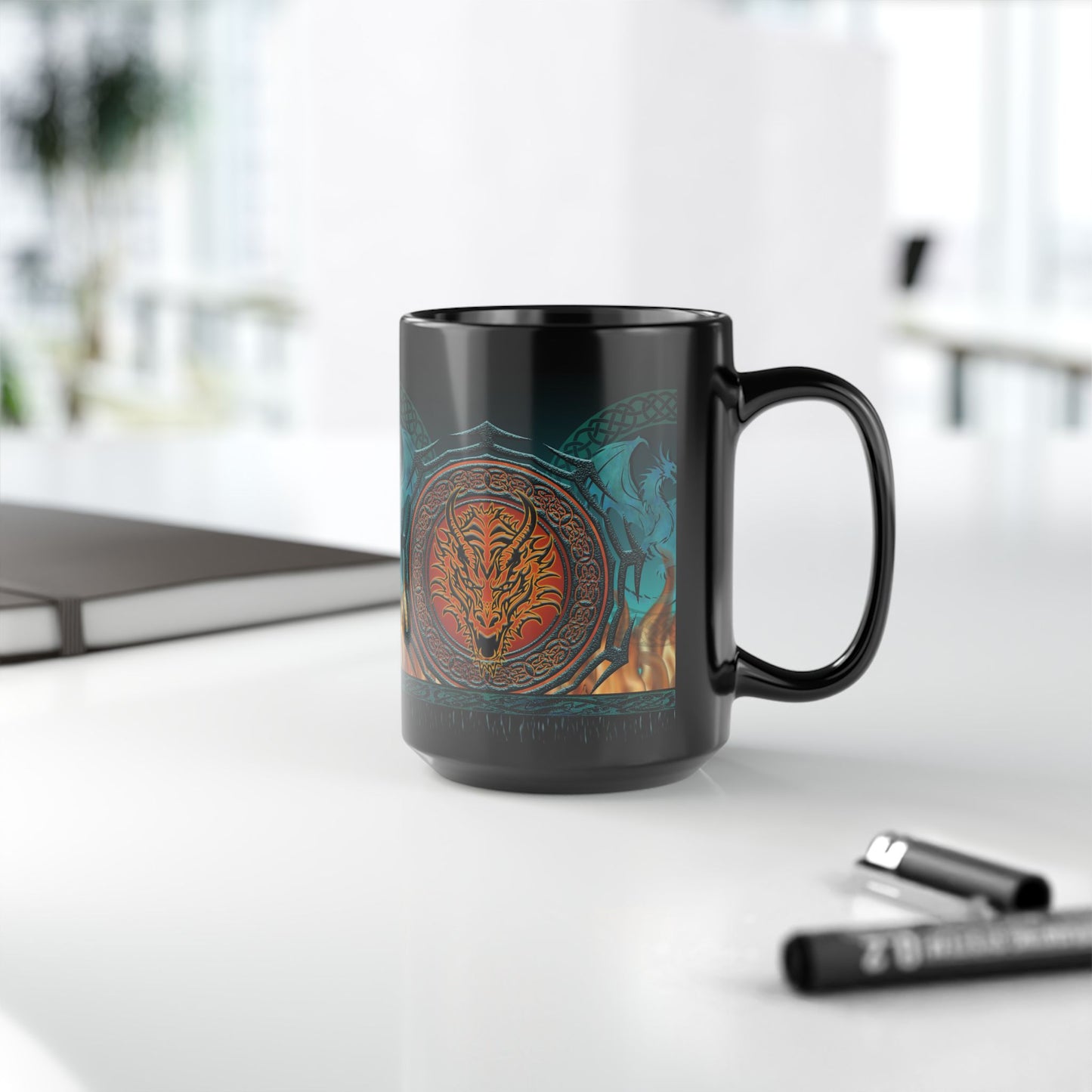 Black Mug-15oz:  "Emerald Dragons" Border