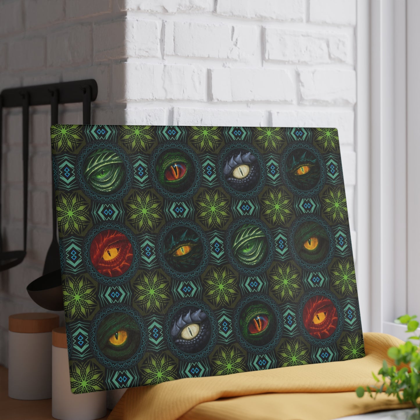 Glass Cutting Board (11"x15"):  Emerald Dragons [Eyes]