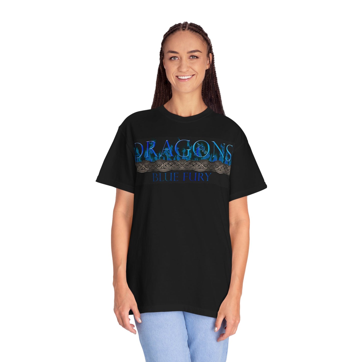 Garment Dyed Oversized T-Shirt (6-Sizes):  "Blue Dragons" [Border and Panel]