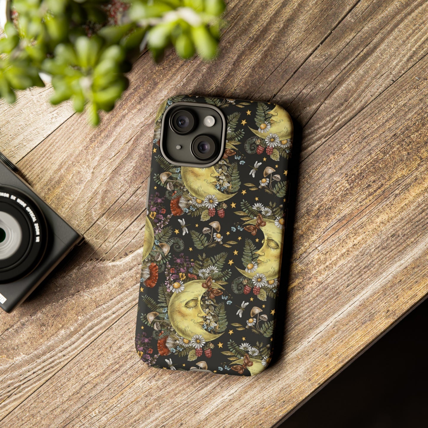 Apple I-Phone 15 Tough Case-Phone Case:  The Sun, The Moon, And The Stars [Moons With Flowers-2]