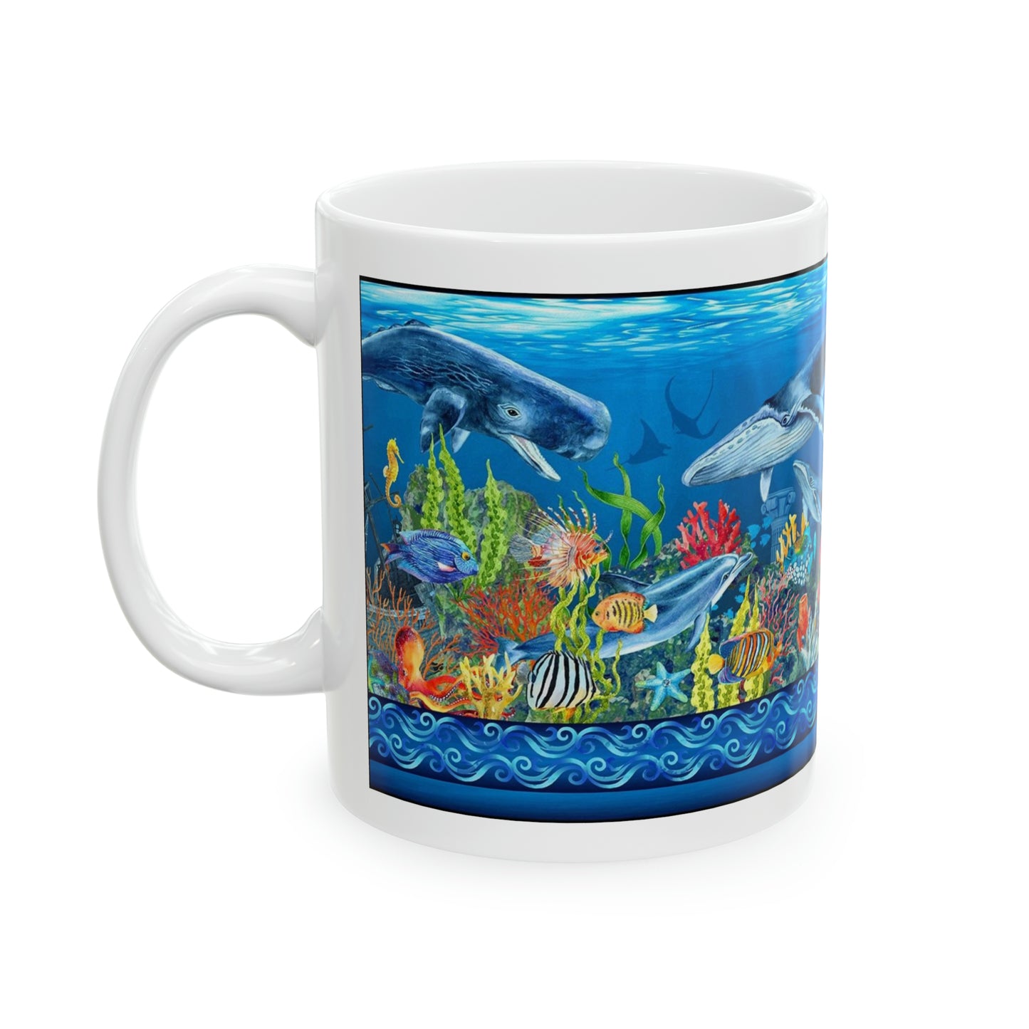 Ceramic Mug:  White; "Calypso" [Sea Life Panel]