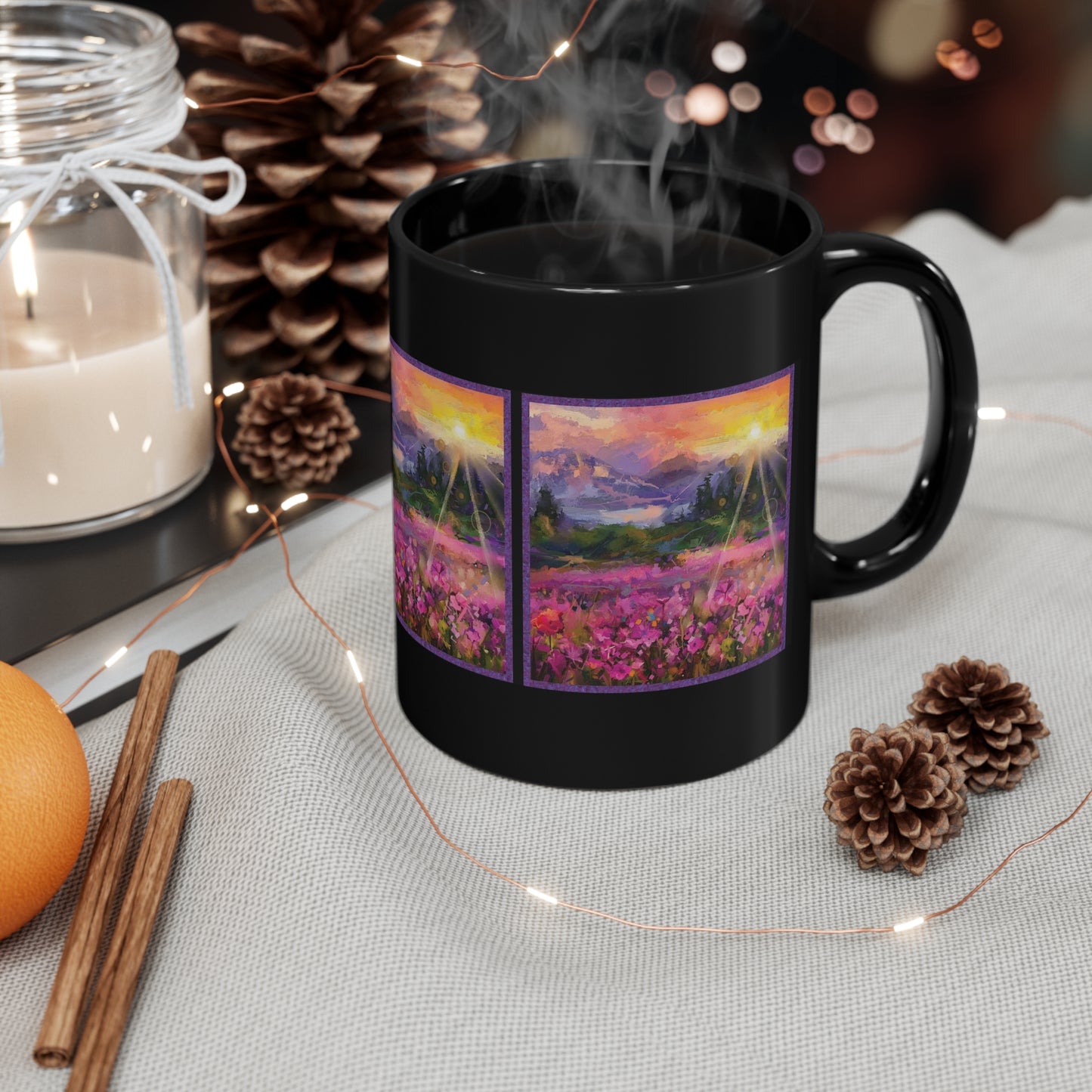 Ceramic Mug:  Black;  Year of Art [Flower and Mountain]