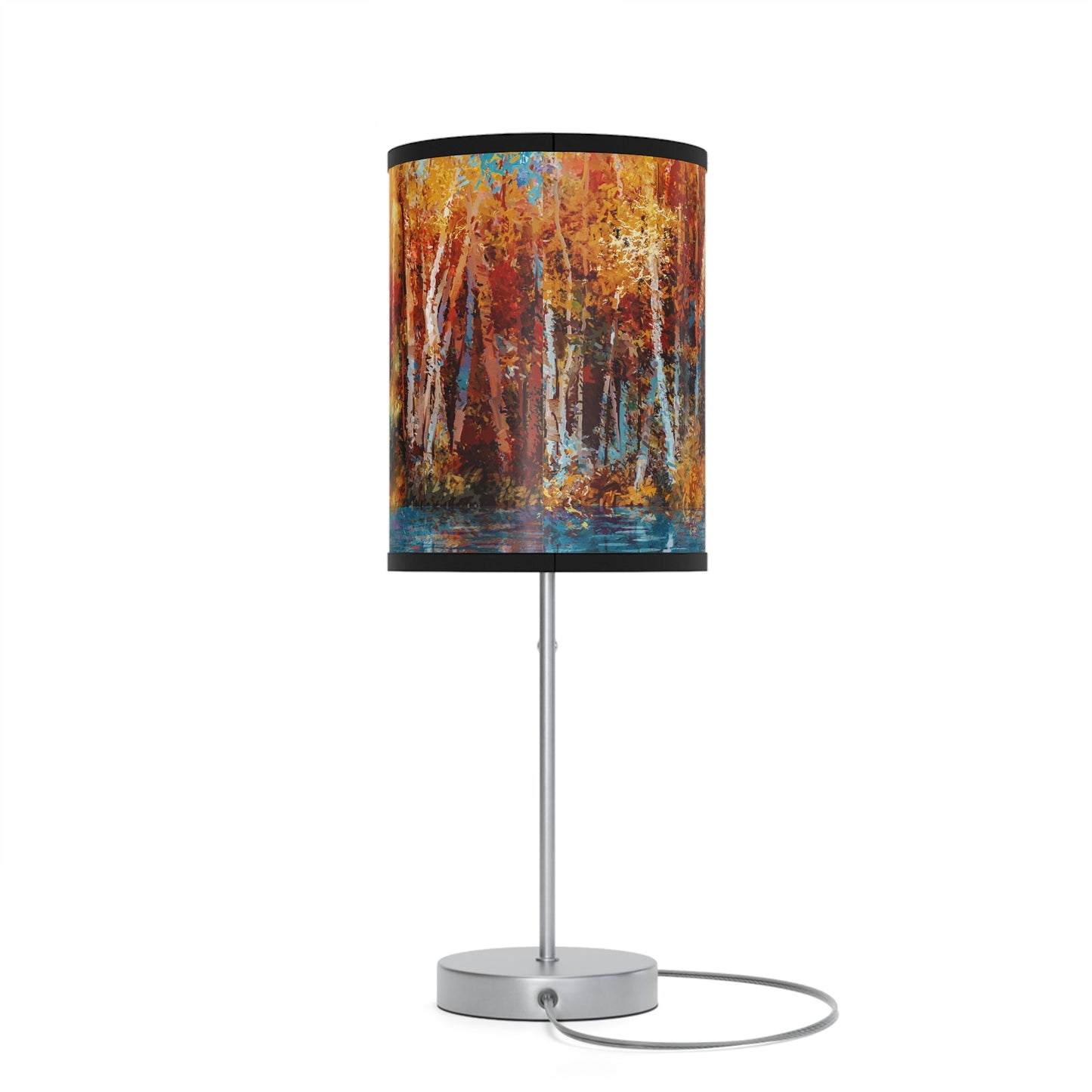 Table Lamp: Silver Base W/Black Trim; The Year of Art-Aspen Trees w/river