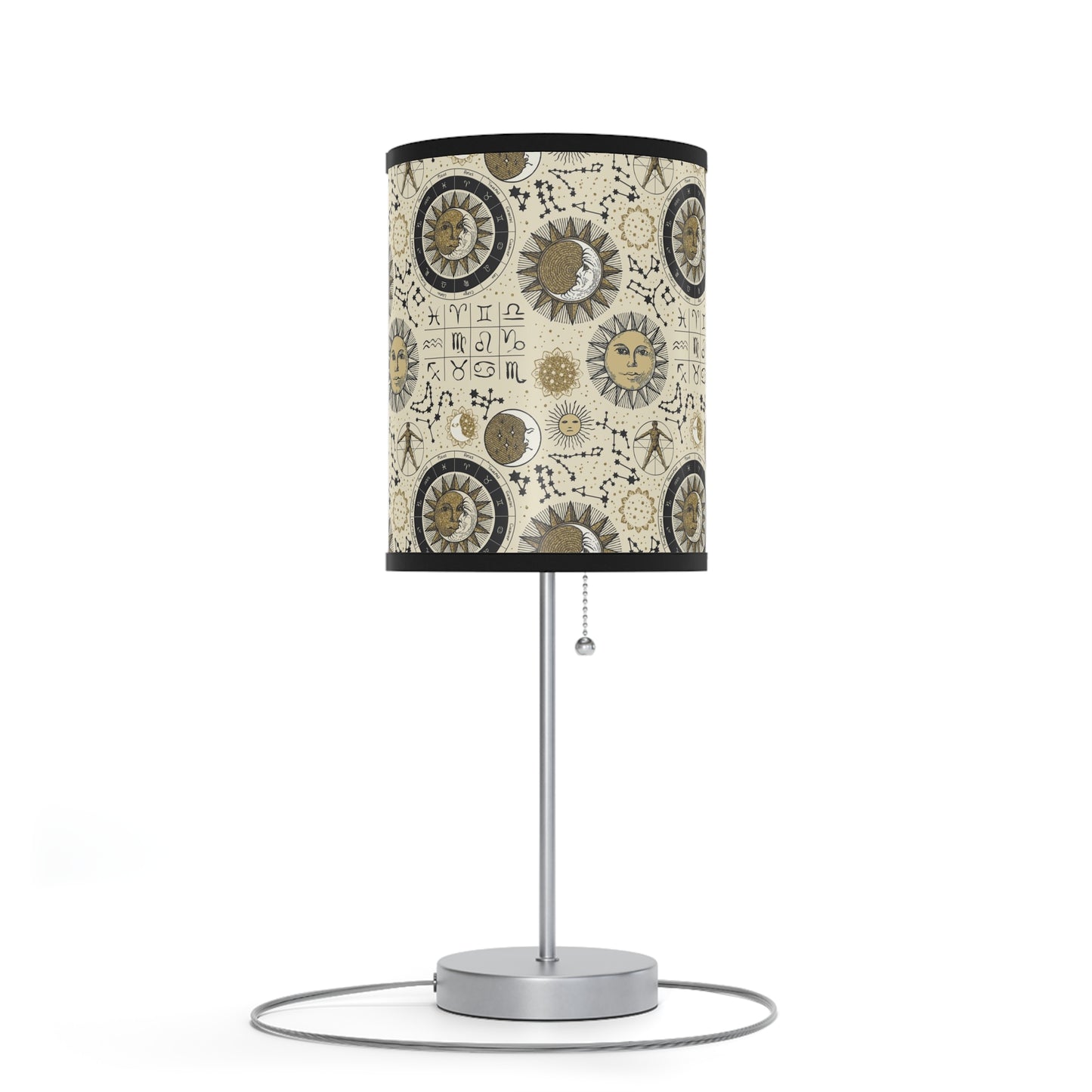 Table Lamp: Silver W/Black Trim; The Sun, The Moon, and The Stars [Zodiac Symbols]