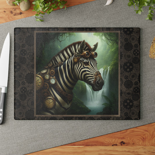Glass Cutting Board (11"x15"):  Steampunk Animals [Zebra}