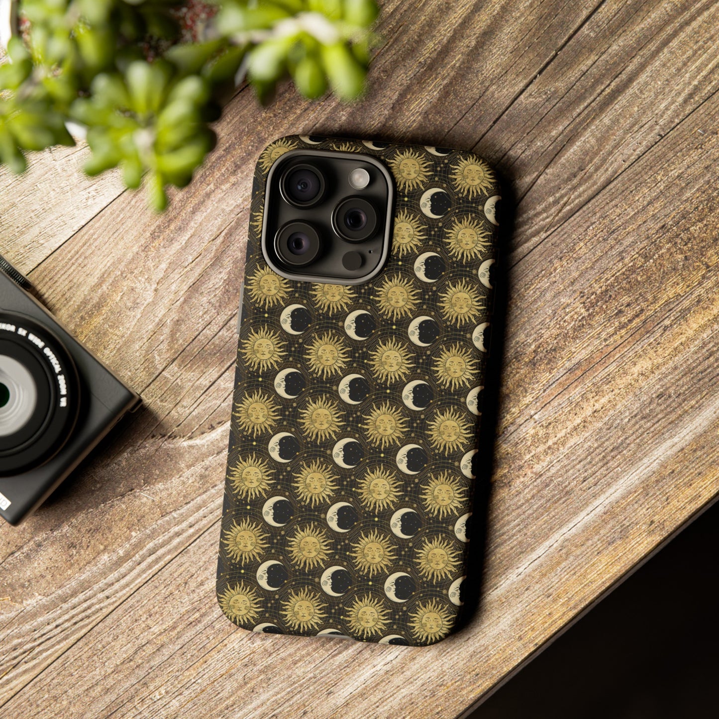 Apple I-Phone 15 (Series) Tough Case-Phone Case:  The Sun, The Moon, And The Stars [Gold Suns, Smiling Moons]