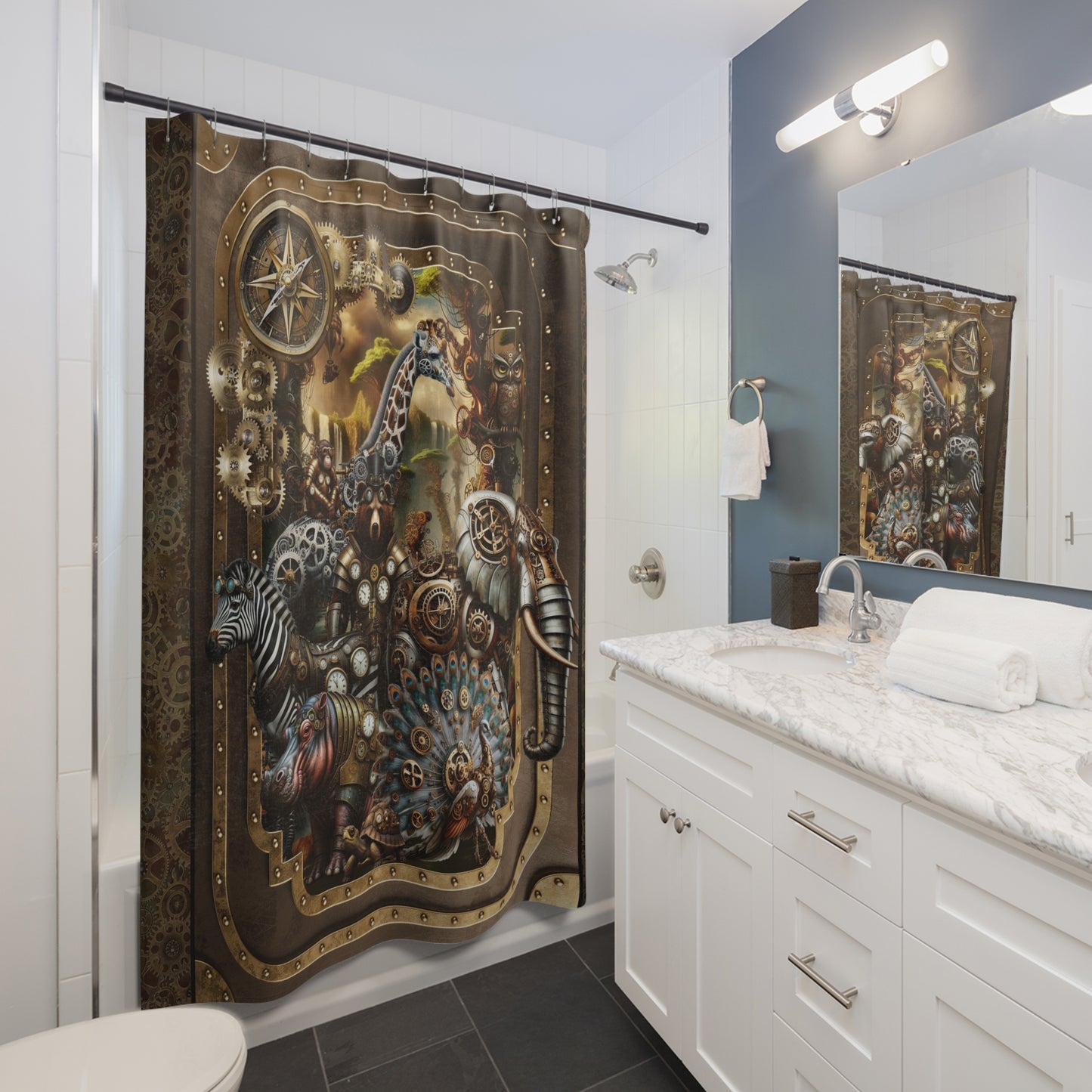Steampunk Safari Shower Curtain — Giraffe, Bear & Owl Vintage Mechanical Design