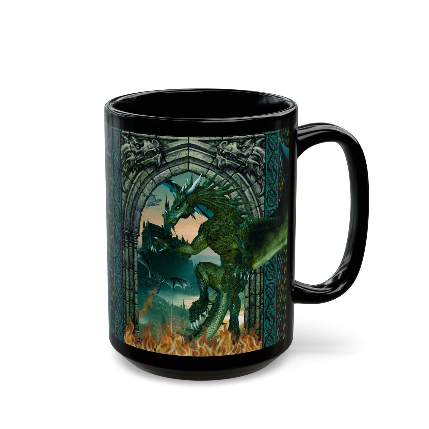 Black Mug-15oz:  "Emerald Dragons" Panel