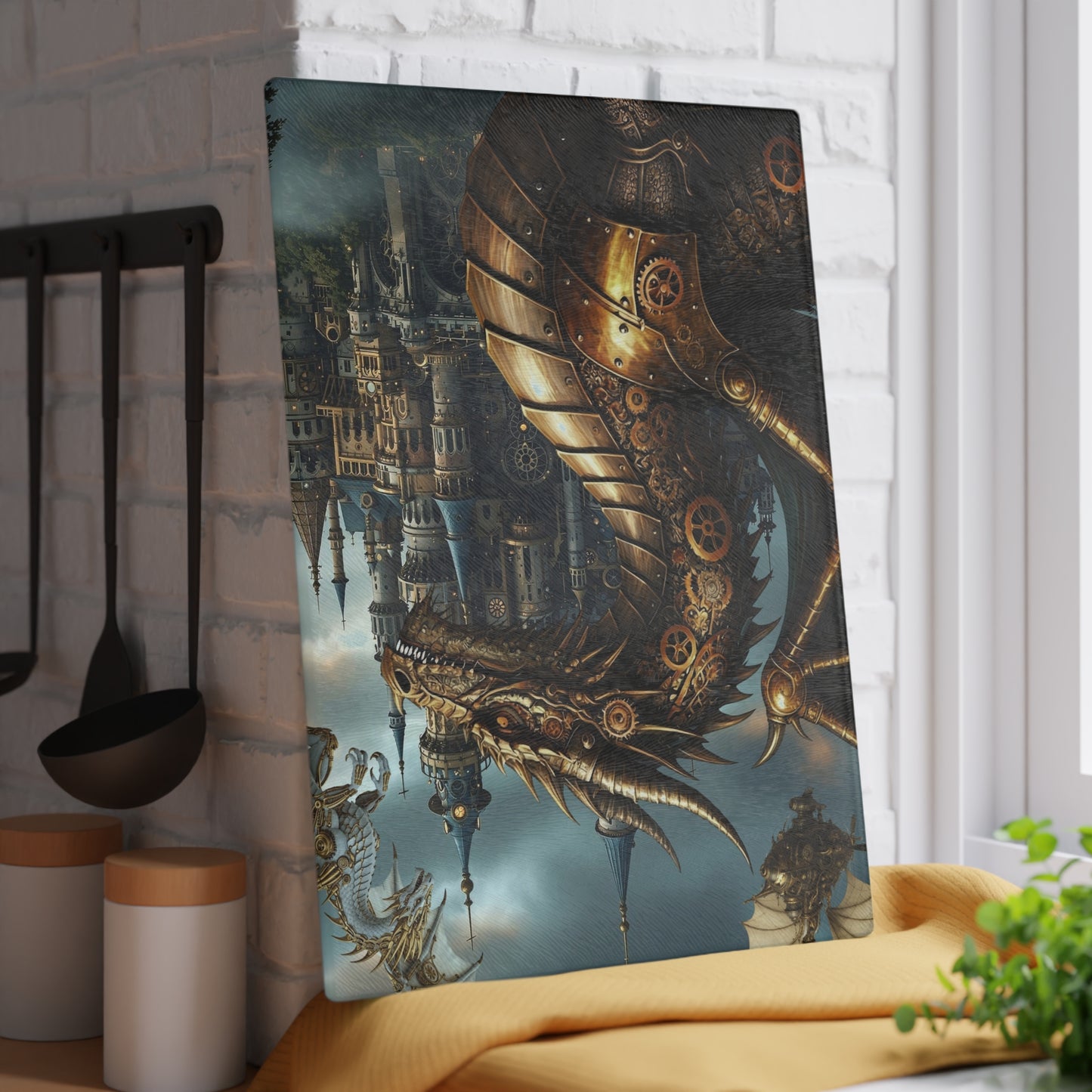 Glass Cutting Board (11"x15"):  Steampunk Dragons [Dragon Head Panel]