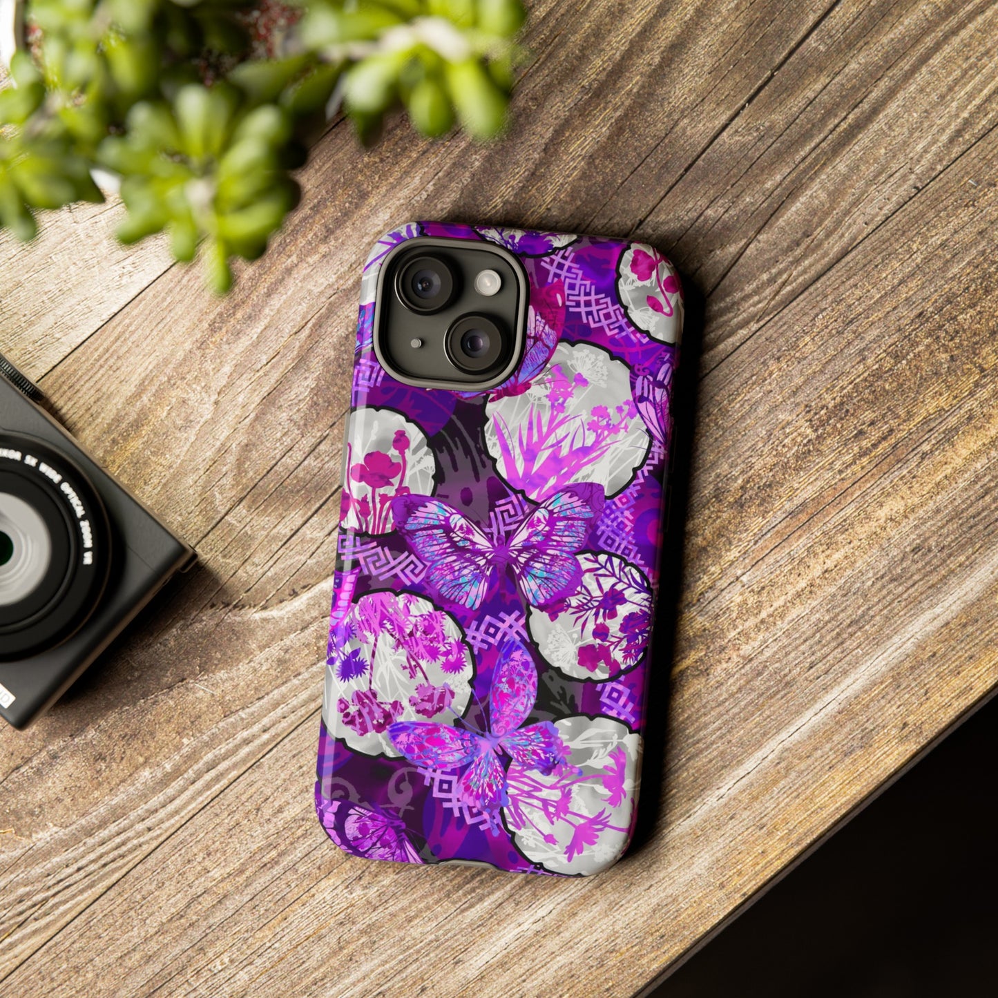 Apple I-Phone 15 (Series) Tough Case-Phone Case:  Dreamscapes [Bright Purple Butterflies]