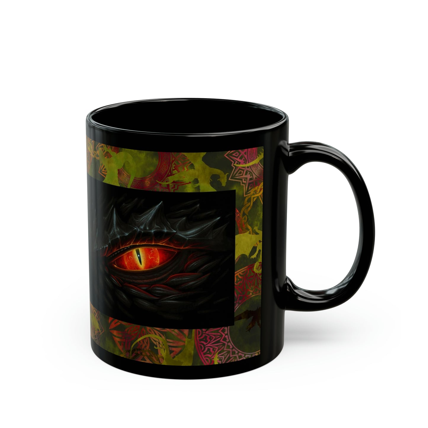 Ceramic Mug:  Black; Dragons [Green Panel-Two Eyes]
