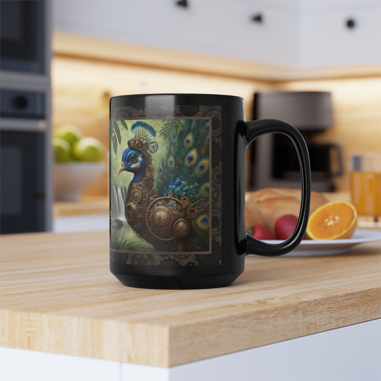 Black Mug-15oz:  "Steampunk Peacock " Panel