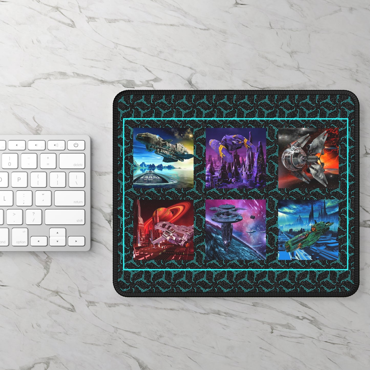 Mouse Pad-Gaming;  9x7 - "Sci-Fi" [Green Stars with Ships]