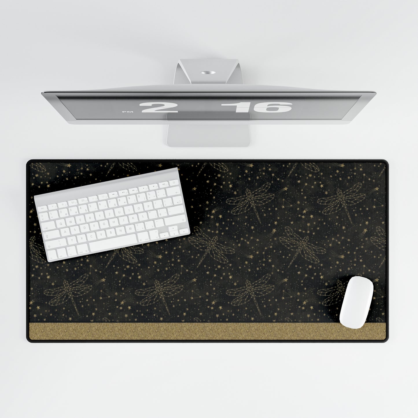 Desk MatsDesk Pad-Gaming:  The Sun, The Moon, And The Stars [Gold Border:  Dragonflies]