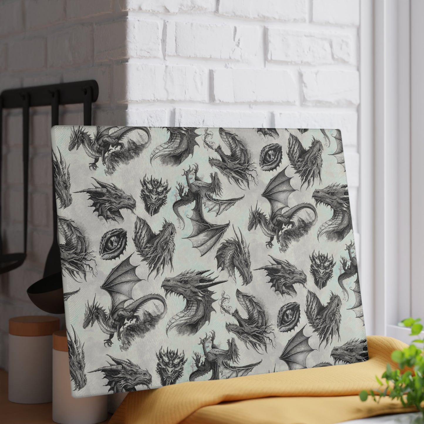 Glass Cutting Board (11"×15"): "Dragons" [Black/White Schetch]