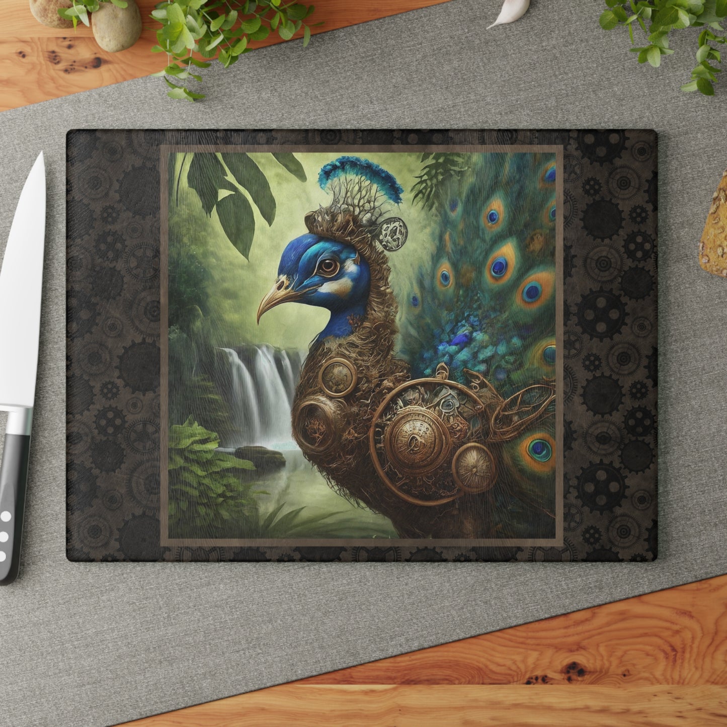 Glass Cutting Board (11"x15"):  Steampunk Animals [Peacock]