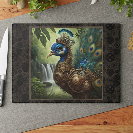 Glass Cutting Board (11"x15"):  Steampunk Animals [Peacock]