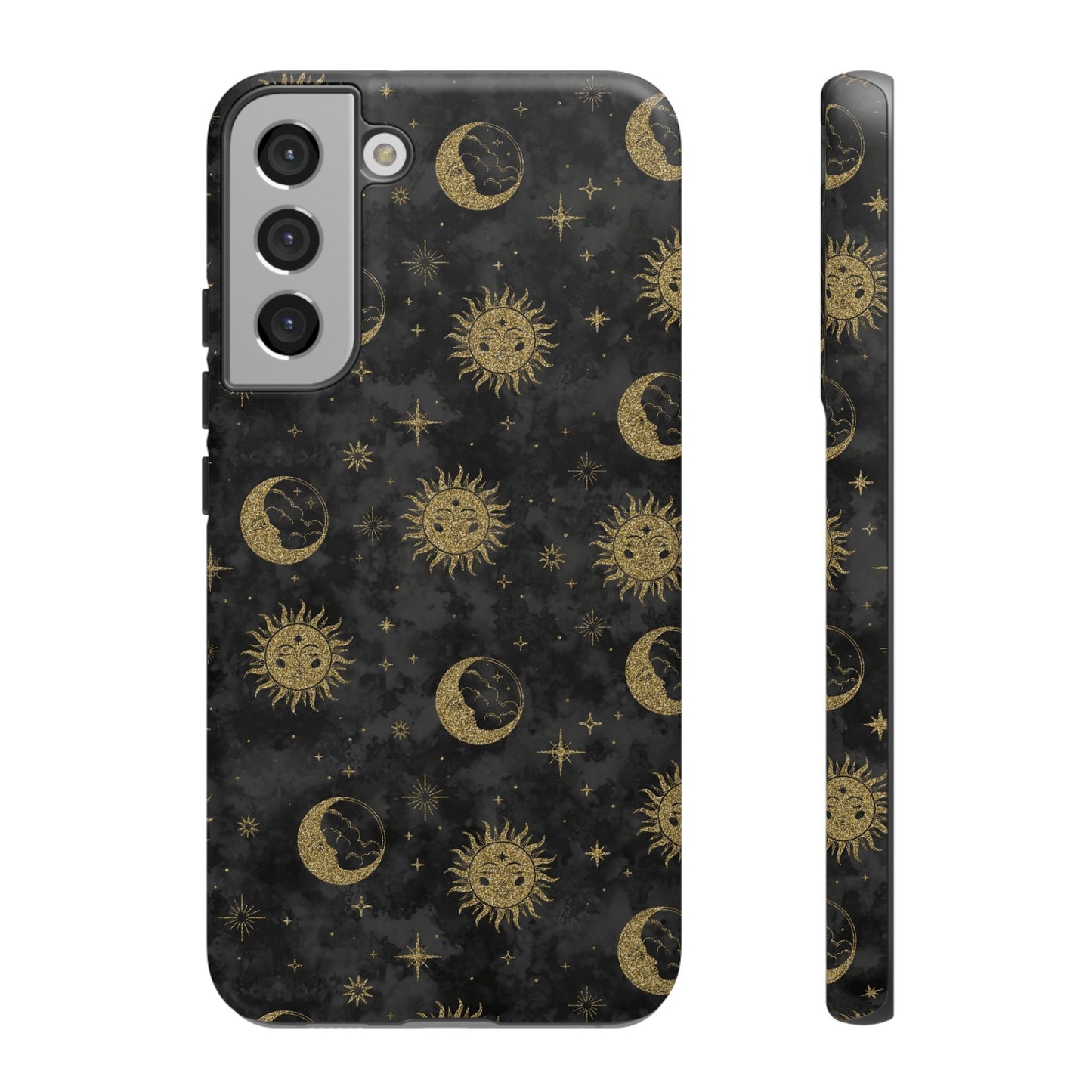 Samsung Galaxy S22 - Tough Case-Phone Case:  Sun, Moon, Stars [Gold Moon, Gold Suns]