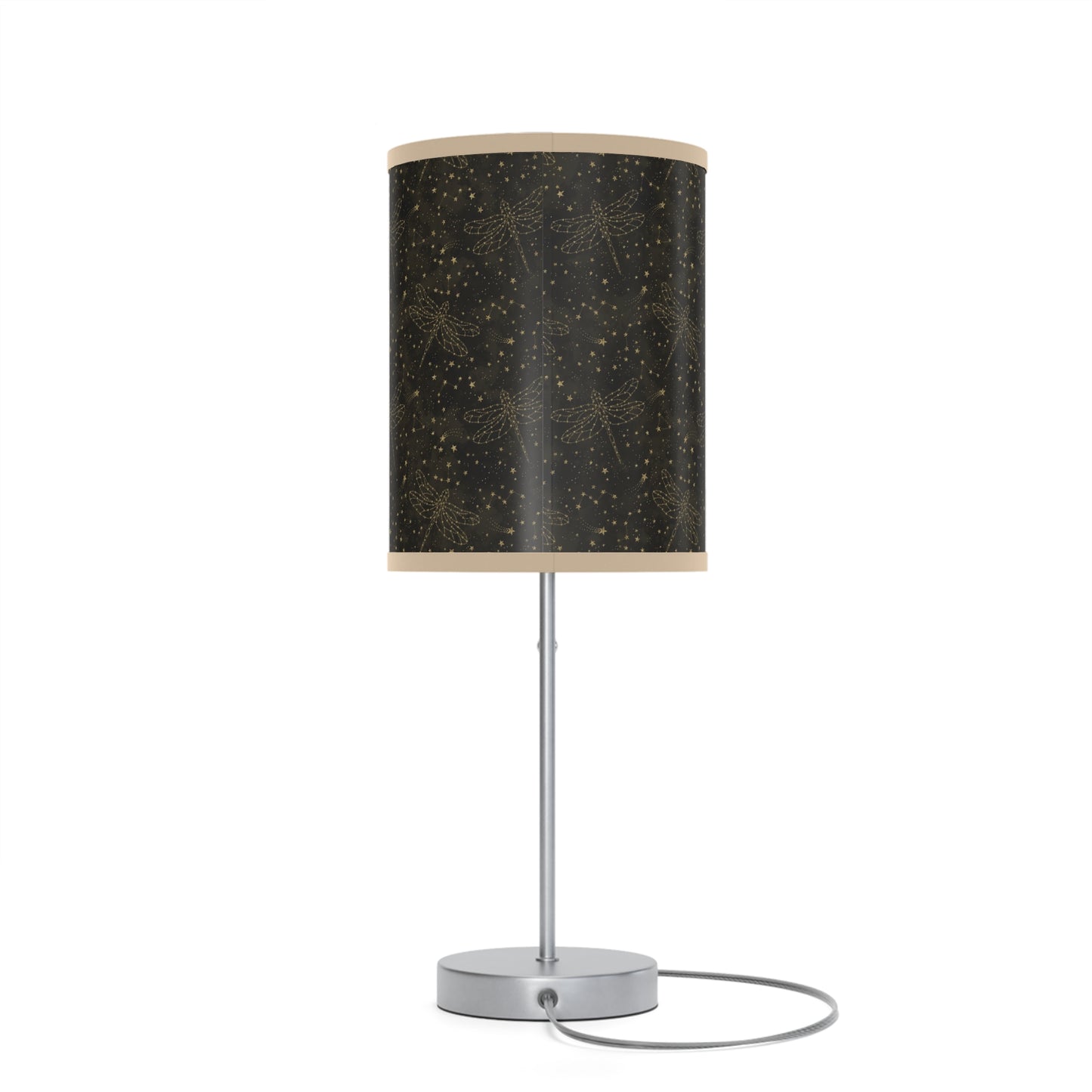 Table Lamp: Silver W/Black Trim; The Sun, The Moon, and The Stars [Gold Sparkle Dragonflies]
