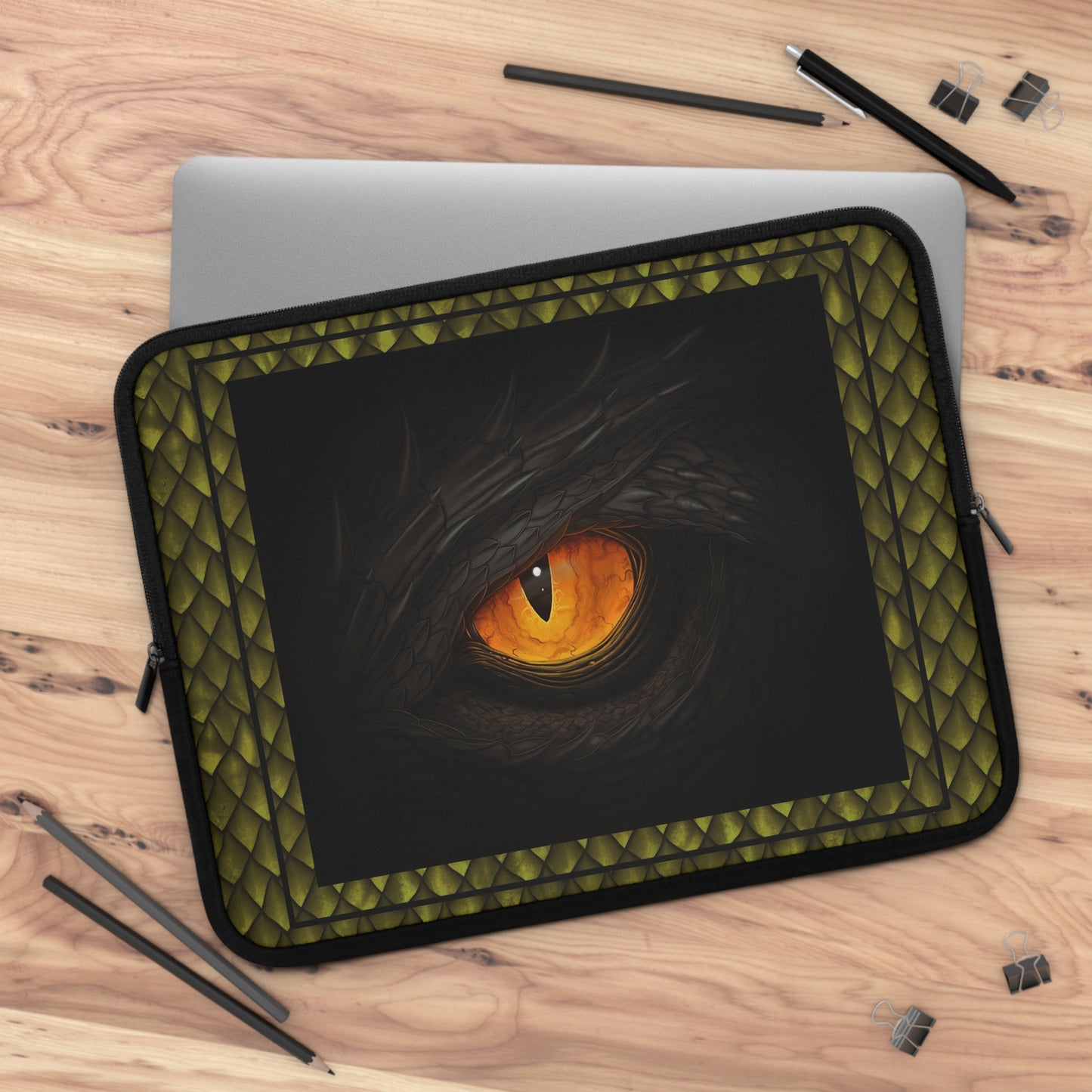 Laptop Sleeve  (Sizes:  13", 15", 17") [Dragons:  Green Scales-Black Eye w/Orange] - From In the Beginning Fabrics.