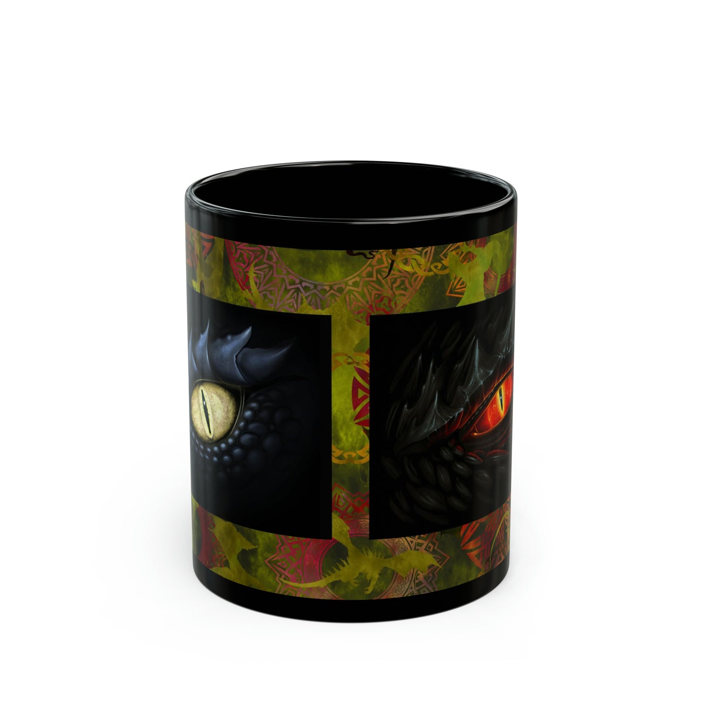 Ceramic Mug:  Black; Dragons [Green Panel-Two Eyes]