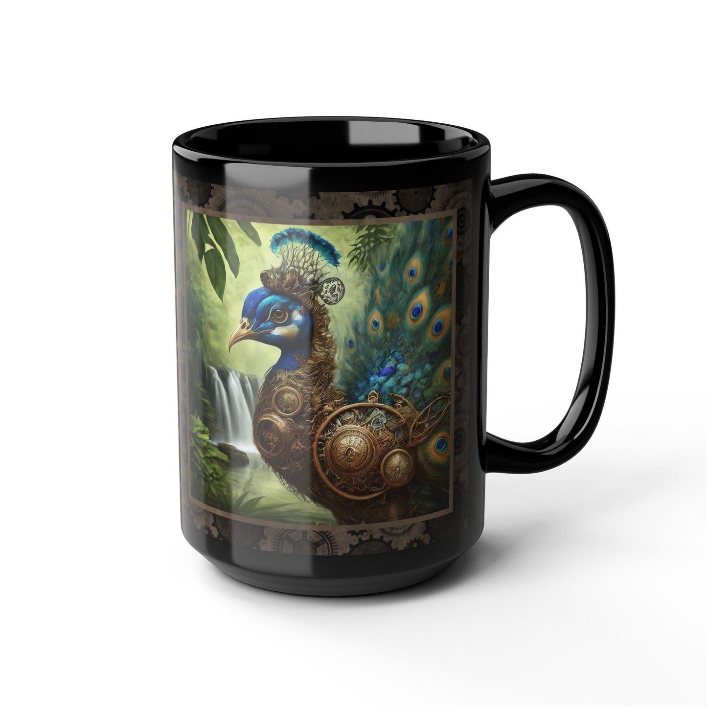 Black Mug-15oz:  "Steampunk Peacock " Panel