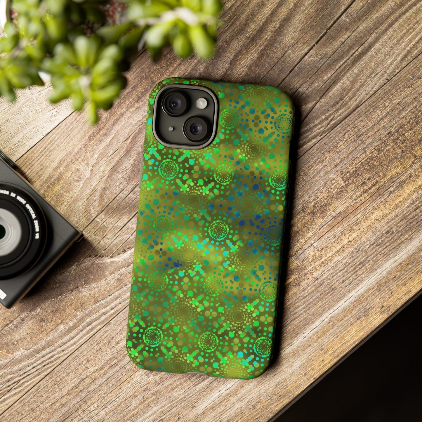 Apple I-Phone 15 (Series)-Tough Case-Phone Case: Dreamscapes [Green Butterflies]-Phone Case:  Dreamscapes [Green Kaleidoscope]