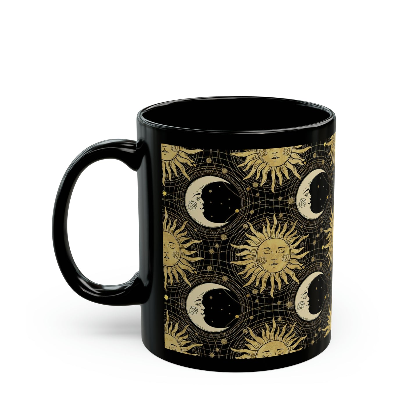 Ceramic Mug:  Black;  "The Sun, The Moon, And The Stars" [Sun and Moon-Gold]