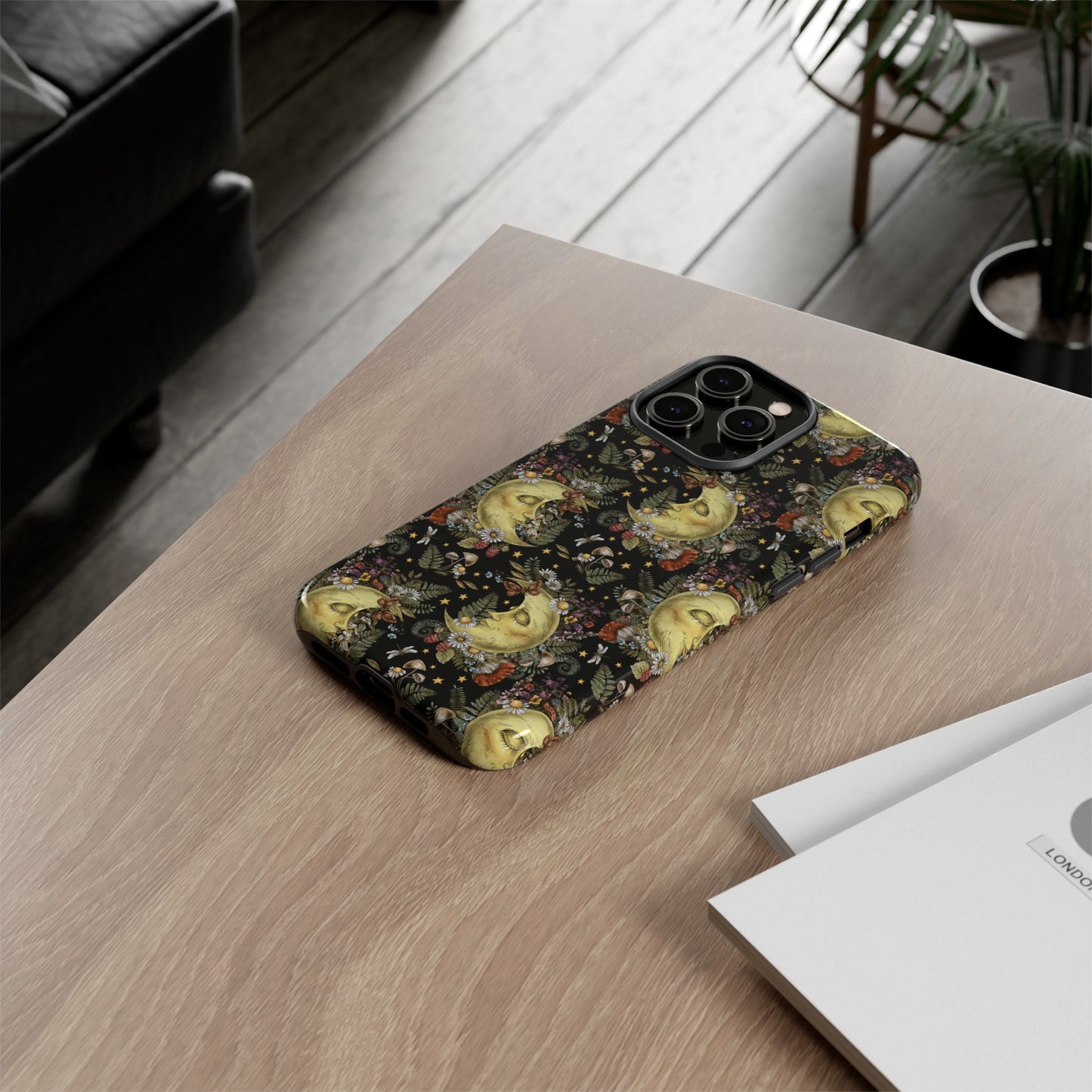 Apple I-Phone 14 Tough Case-Phone Case: The Sun, The Moon, And The Stars [Moon With Flowers]