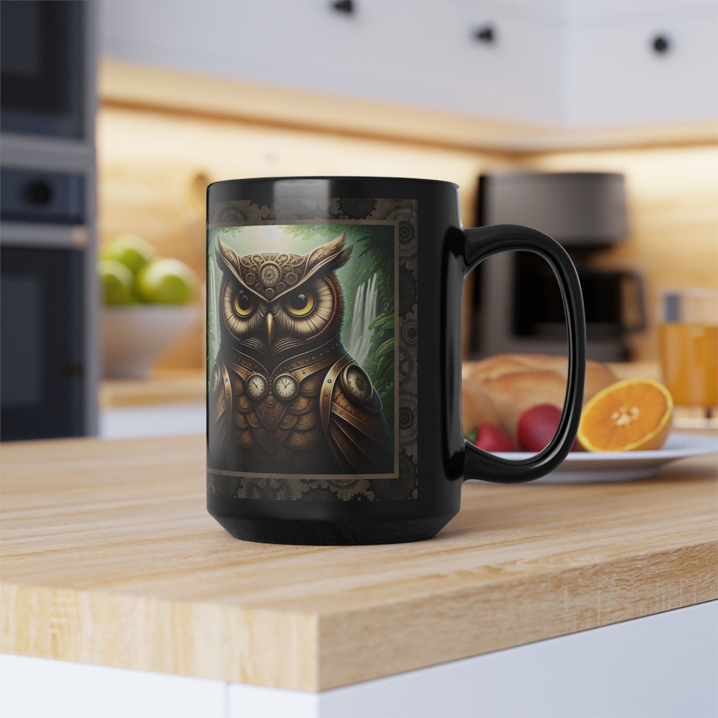 Black Mug-15oz:  "Steampunk Owl" Panel