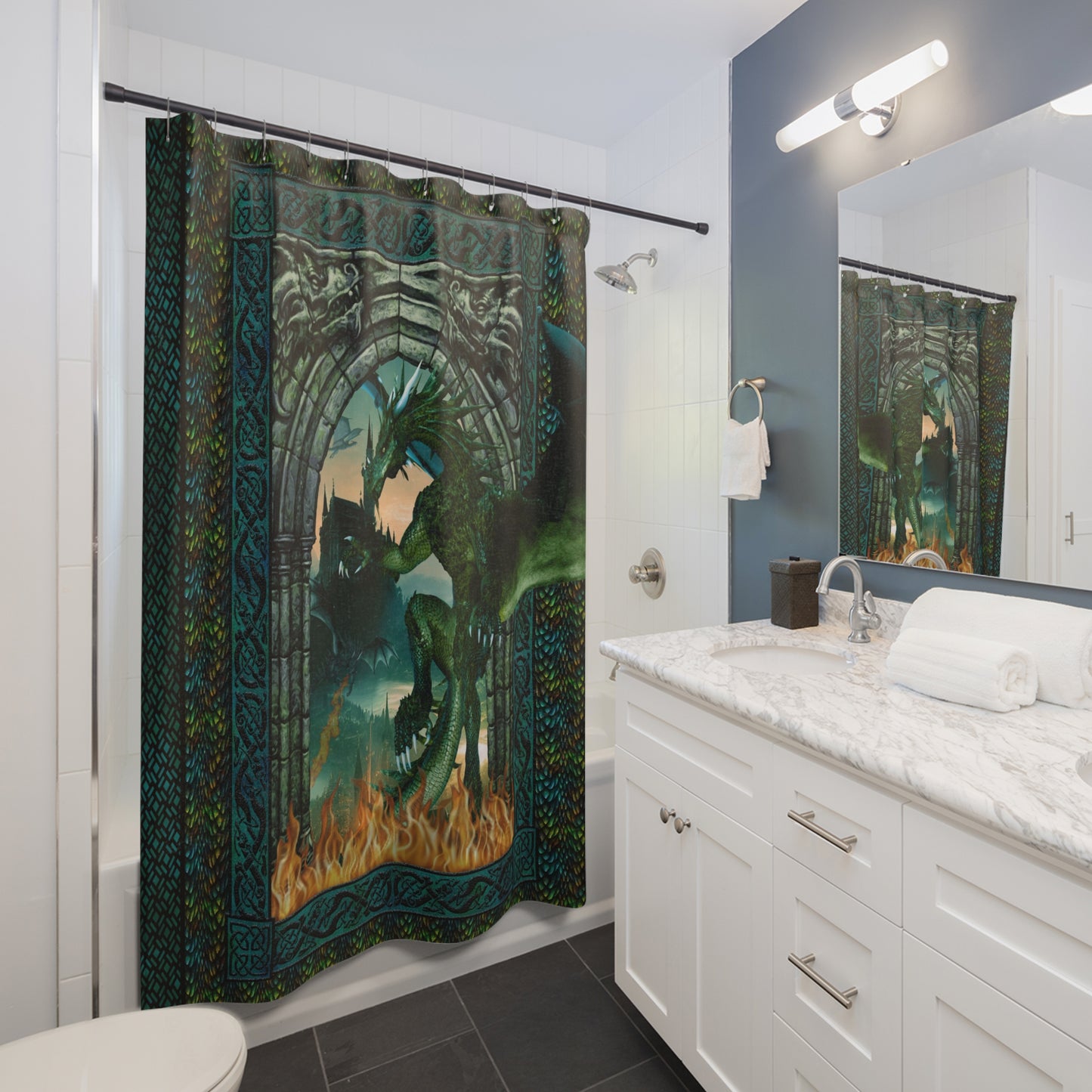 Dragon Portal Shower Curtain — Mystic Green Fantasy Bathroom Decor