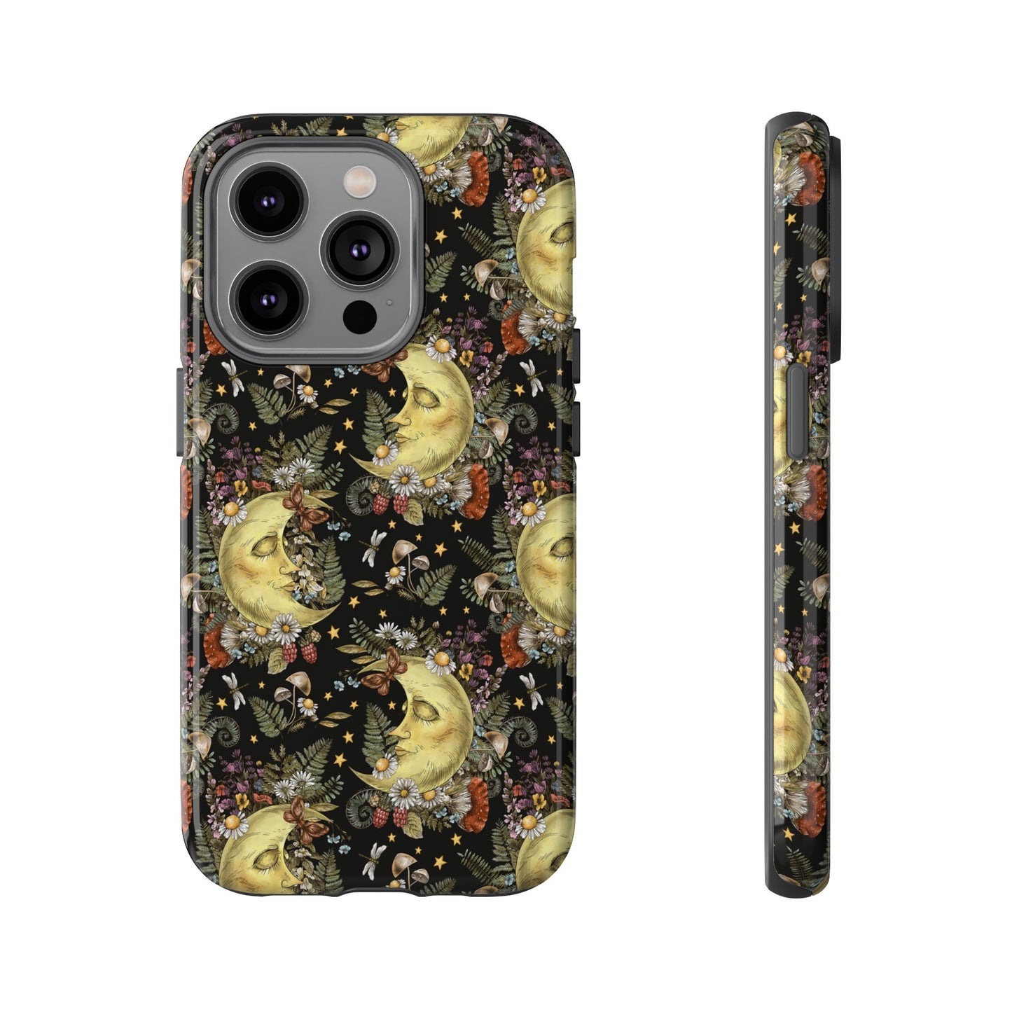 Apple I-Phone 14 Tough Case-Phone Case: The Sun, The Moon, And The Stars [Moon With Flowers]