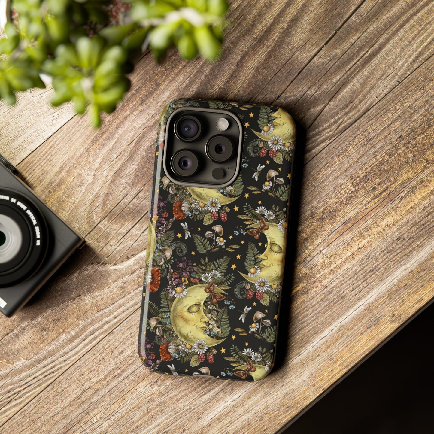 Apple I-Phone 15 Tough Case-Phone Case:  The Sun, The Moon, And The Stars [Moons With Flowers-2]