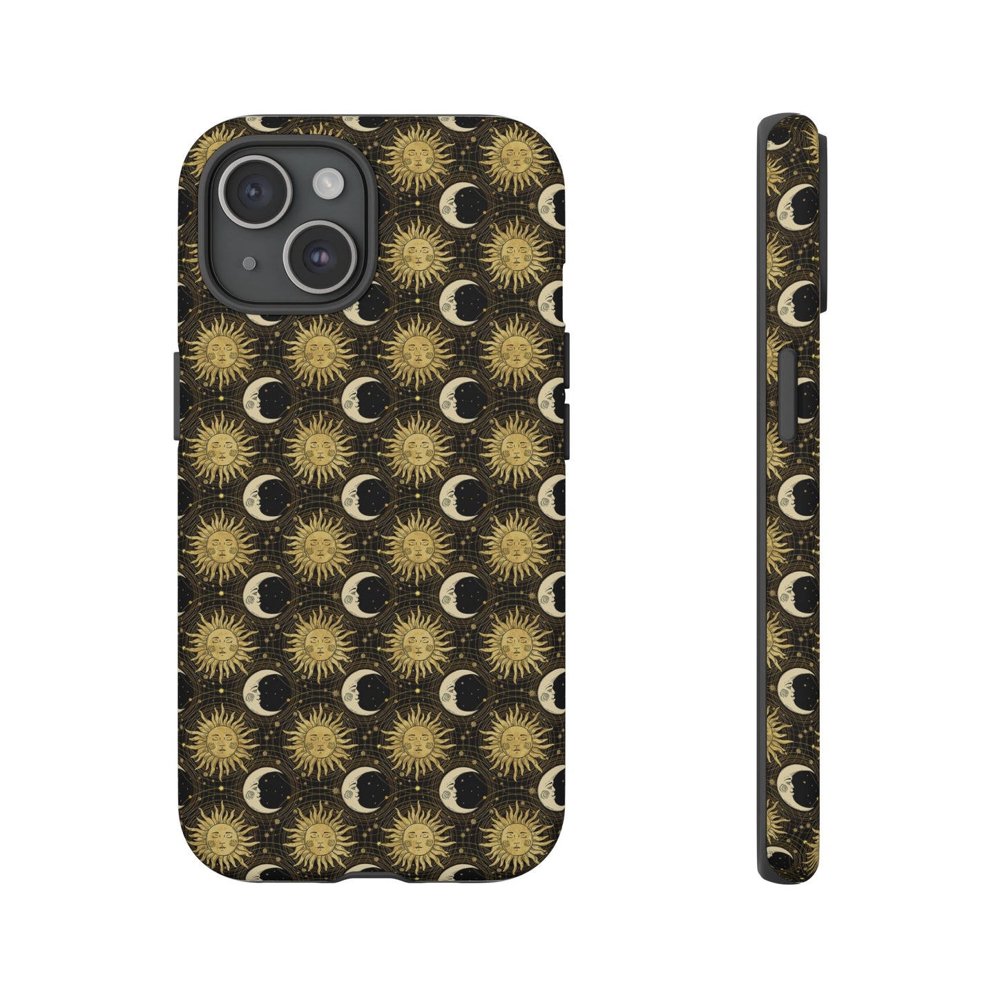Apple I-Phone 15 (Series) Tough Case-Phone Case:  The Sun, The Moon, And The Stars [Gold Suns, Smiling Moons]