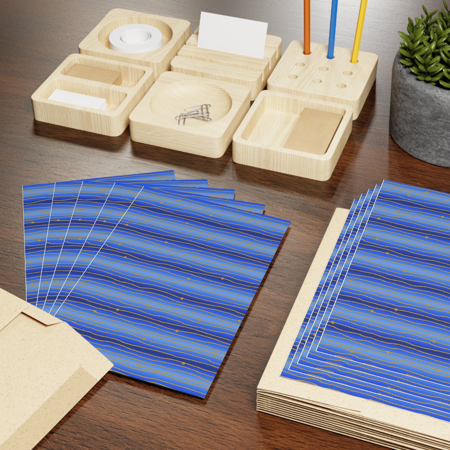 NOTE CARDS: CELSTIAL [STRIPES:  Blue/Gold]