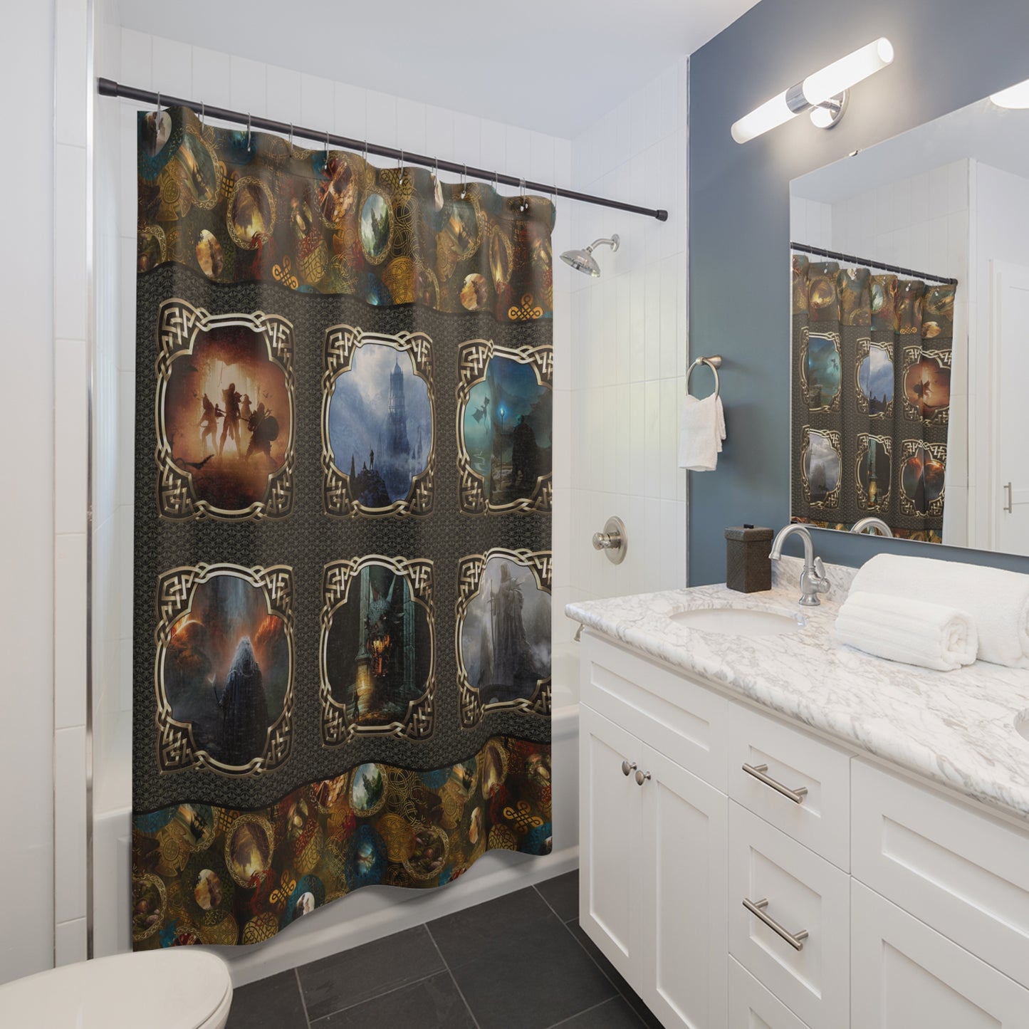 Fantasy Castle Grid Shower Curtain — Gothic Medieval Landscape Bath Decor