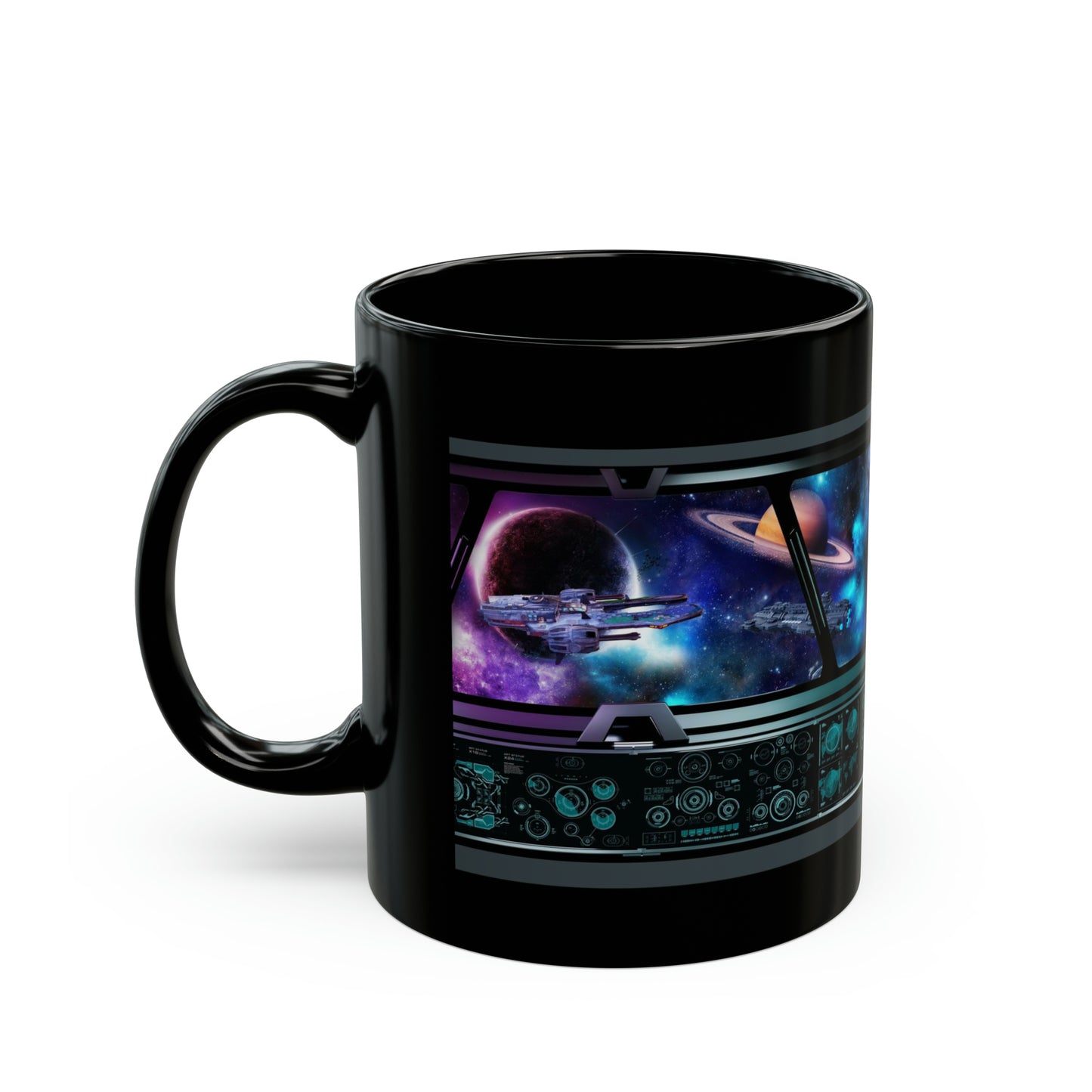 Ceramic Mug:  Black;  "Sci-Fi" [Ship Window View]