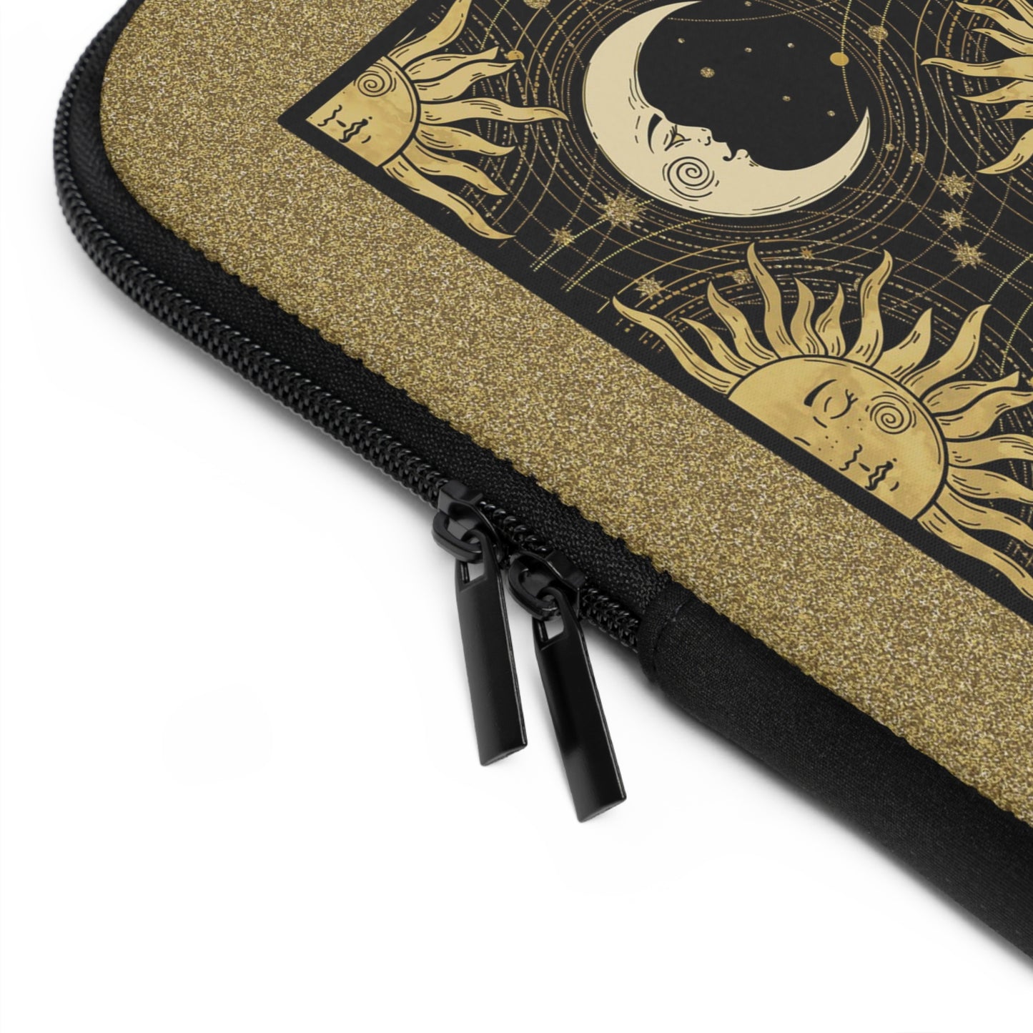 Laptop Sleeve  (Sizes:  13", 15", 17") [Sun, Moon, Stars]:  Gold Bkg, Black Sun and Moon.