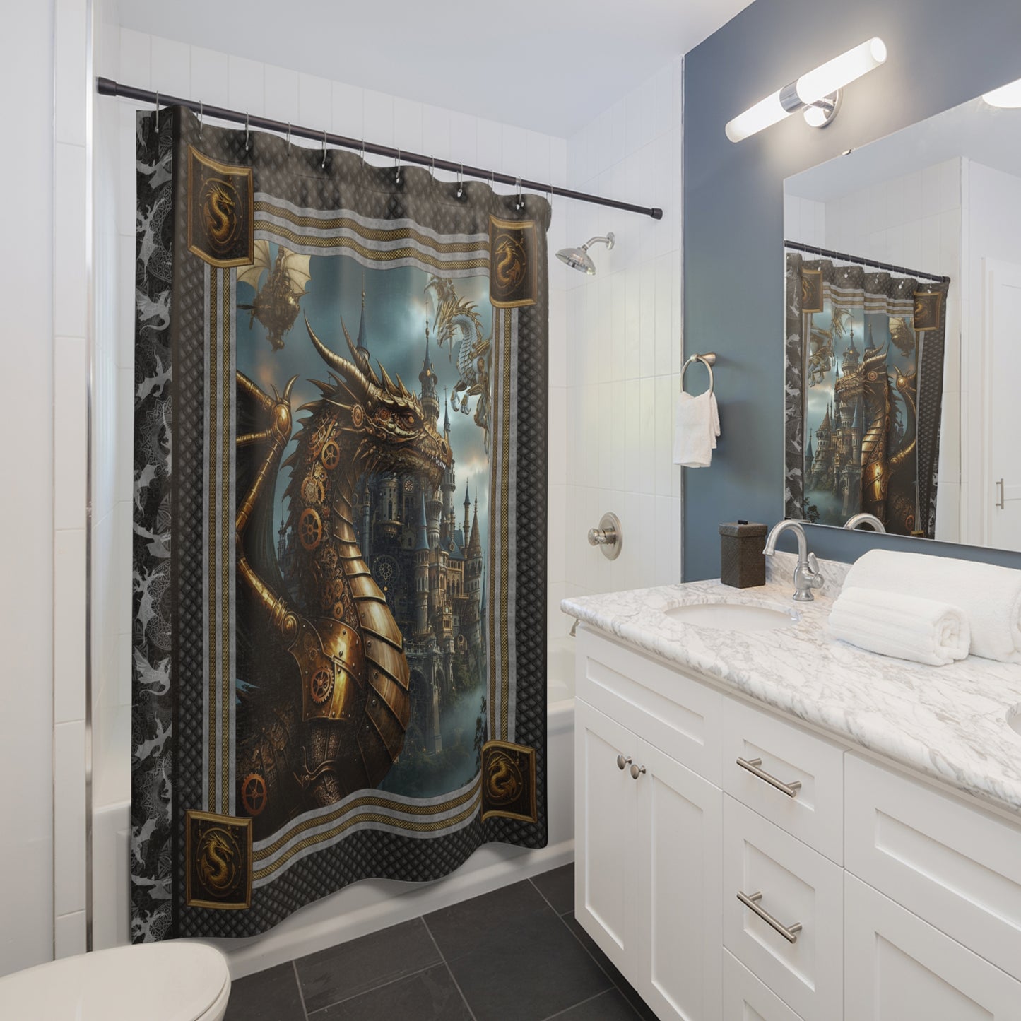 Shower Curtain (71" × 74"):   Steampunk Dragons
