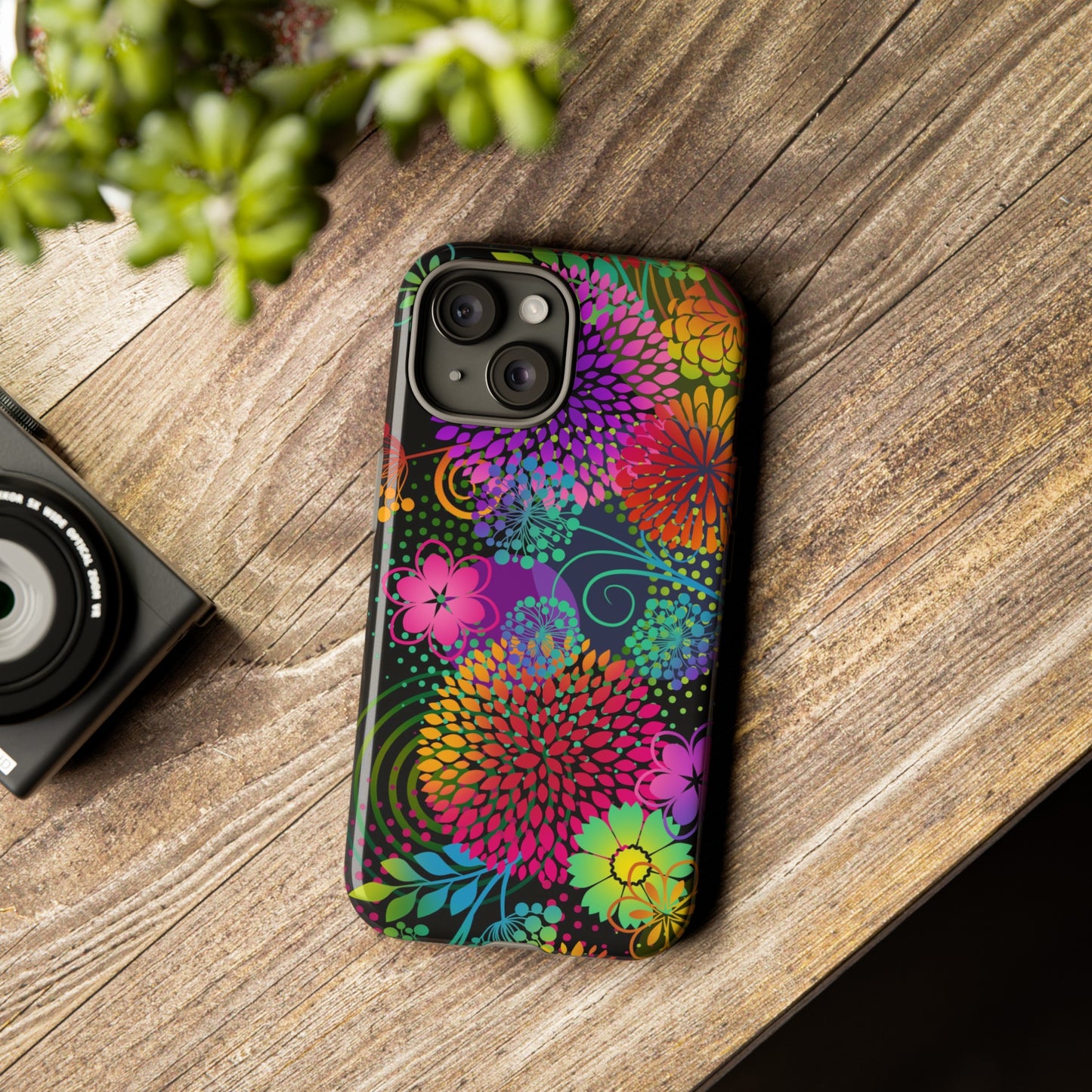 Apple I-Phone 15 Tough Case-Phone Case:  Unusual Garden [Bright Flowers Border]