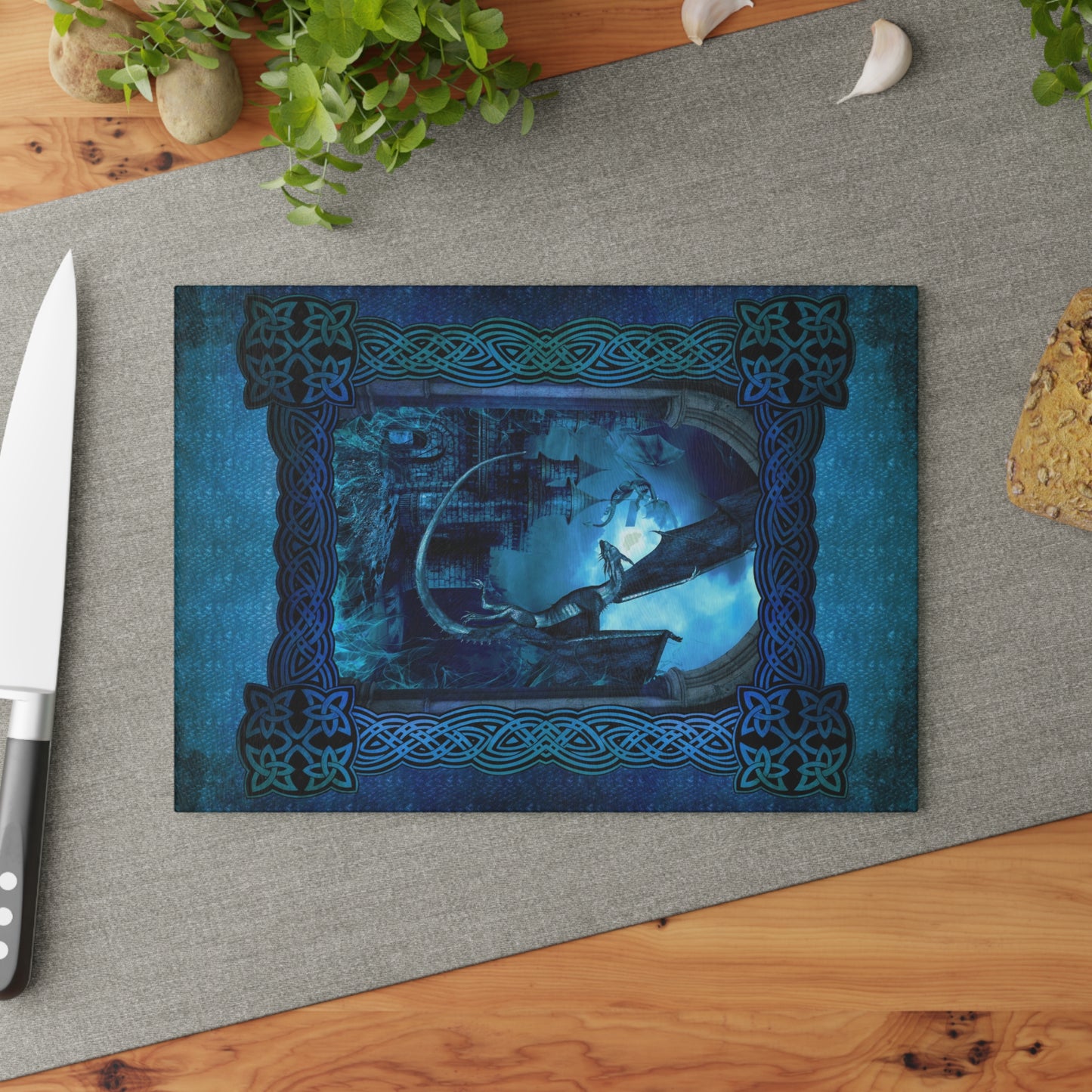Glass Cutting Board:  "Dragons" [Blue Panel]