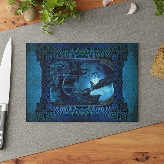 Glass Cutting Board:  "Dragons" [Blue Panel]