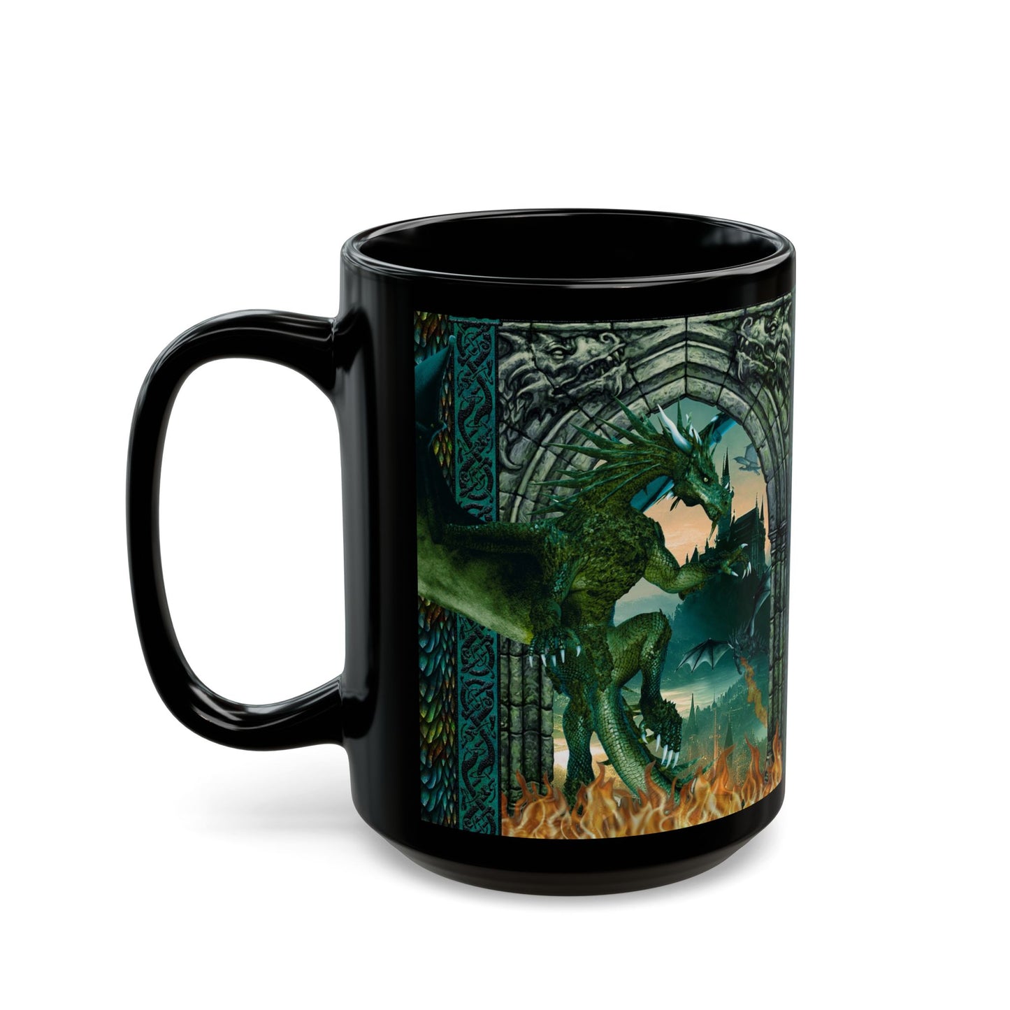 Black Mug-15oz:  "Emerald Dragons" Panel